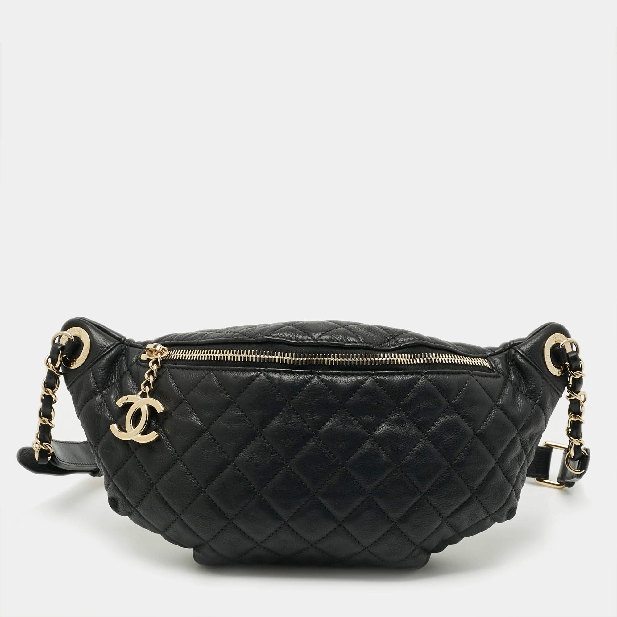 Pre Owned Chanel Belt Me Up Black Quilted Leather Belt Bag