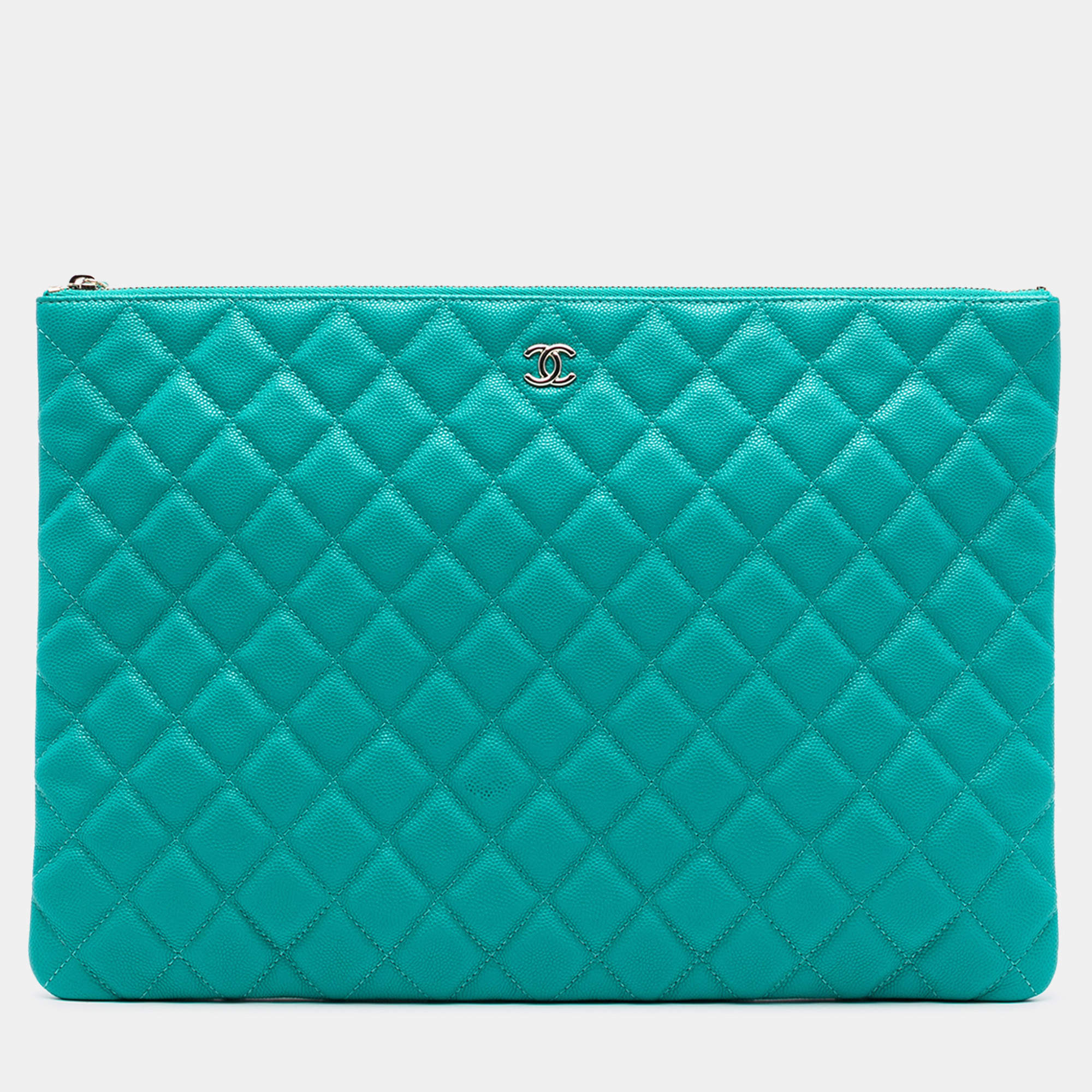 Pre Owned Chanel Blue Large Quilted Caviar O Case Clutch