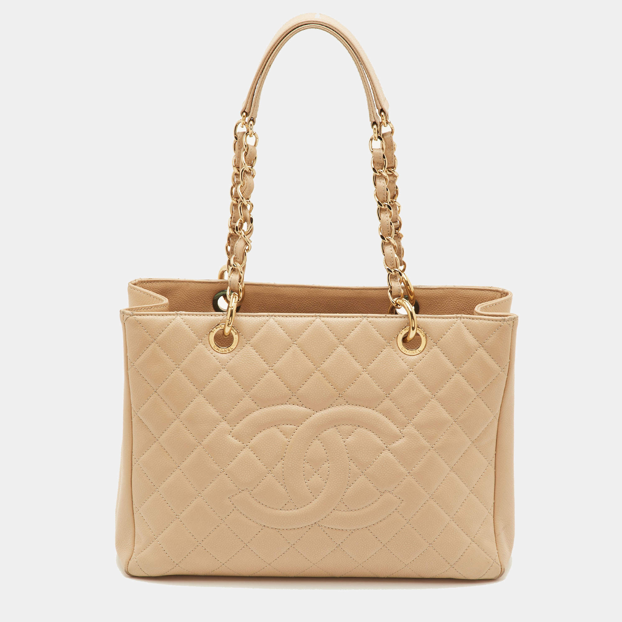Pre Owned Chanel GST Beige Quilted Caviar Leather Grand Shopping Tote