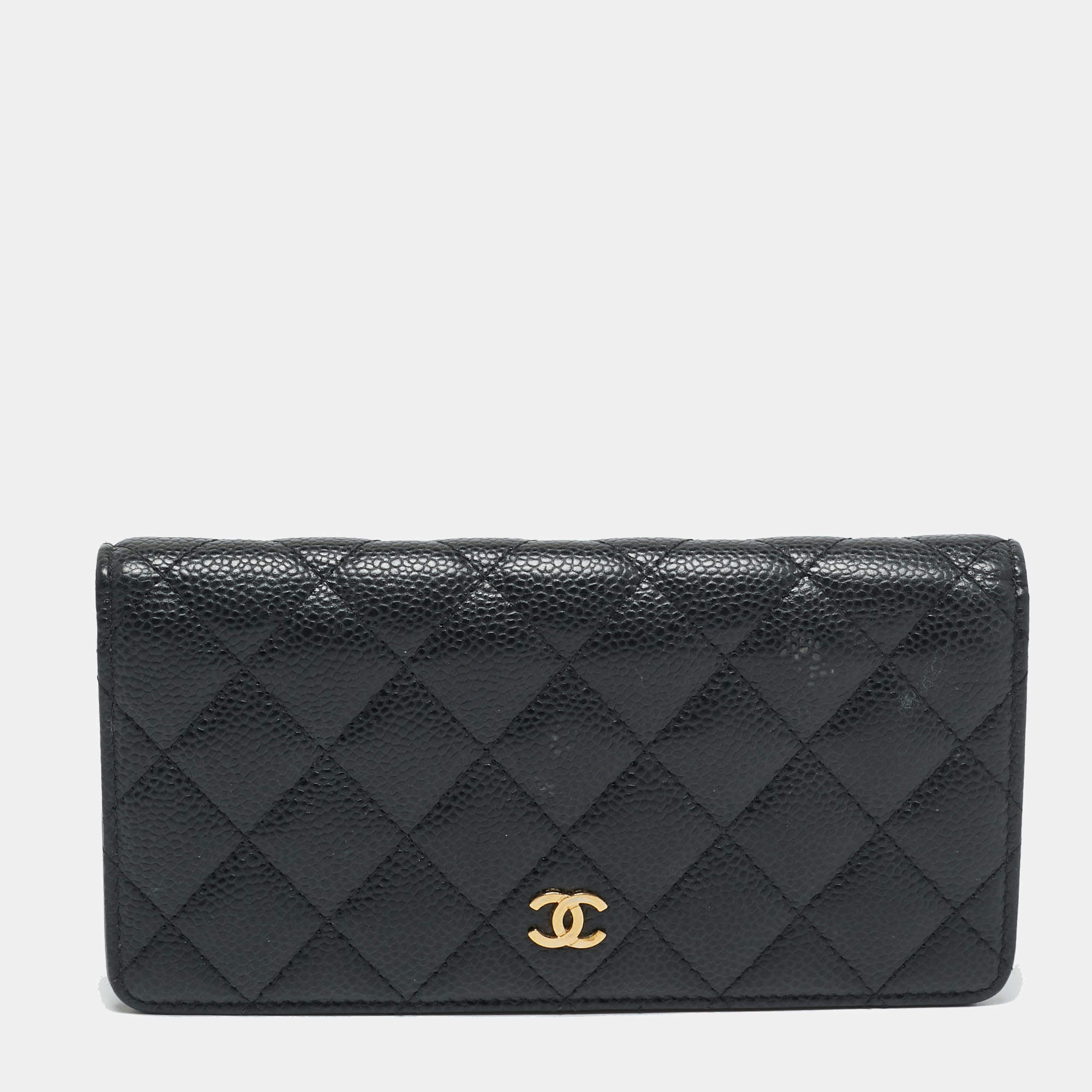 Pre Owned Chanel L Yen Black Caviar Quilted Leather Bifold Wallet