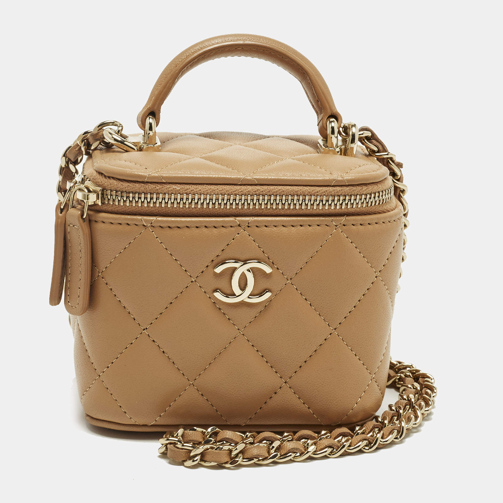 Pre Owned Chanel Vanity Case Mini Beige Quilted Leather Shoulder Bag