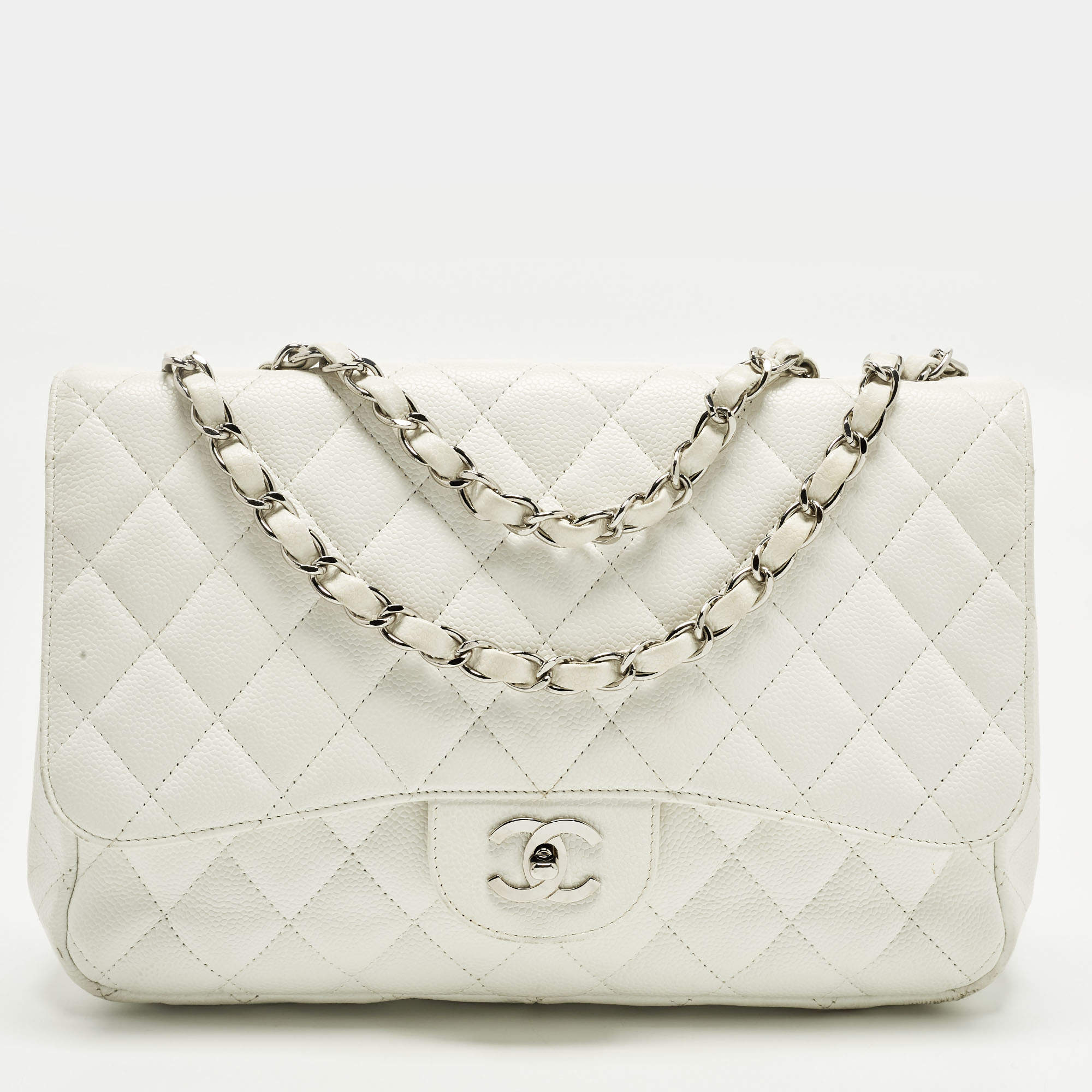 Pre Owned Chanel Classic Single Flap Jumbo White Quilted Caviar Leather Flap Bag