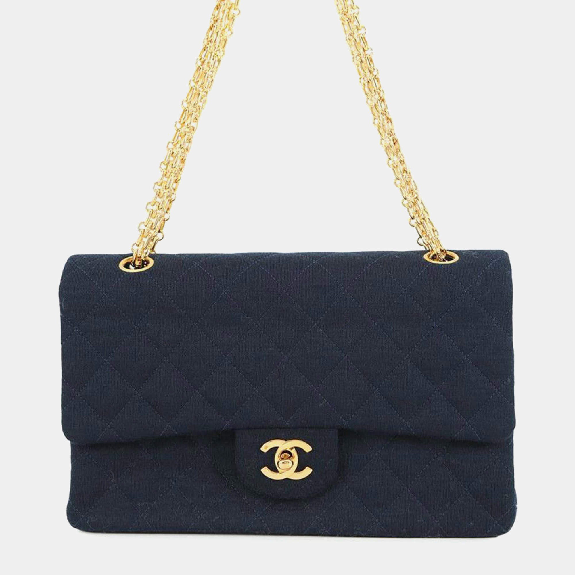 Pre Owned Chanel Blue Medium Classic Jersey Double Flap