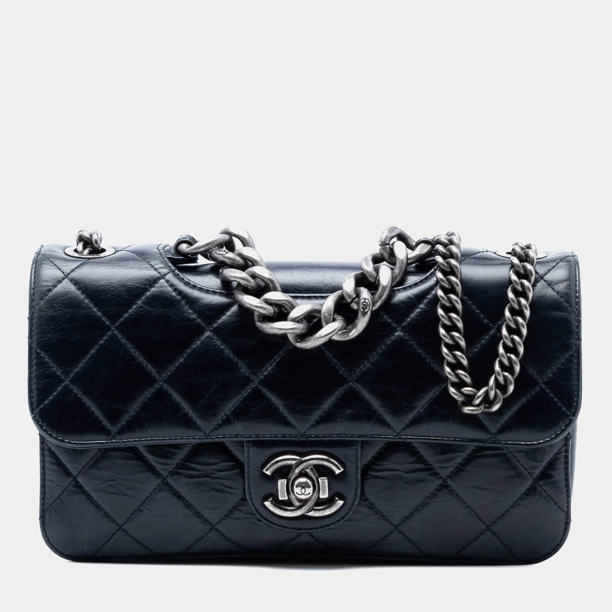 Pre Owned Chanel Blue Medium Quilted Glazed Calfskin Perfect Edge Flap