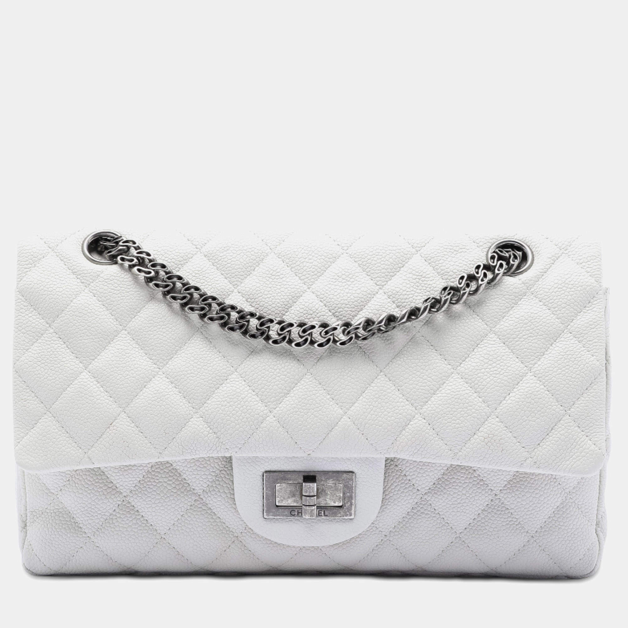 Pre Owned Chanel White Quilted Caviar Reissue 2.55 Double Flap 225