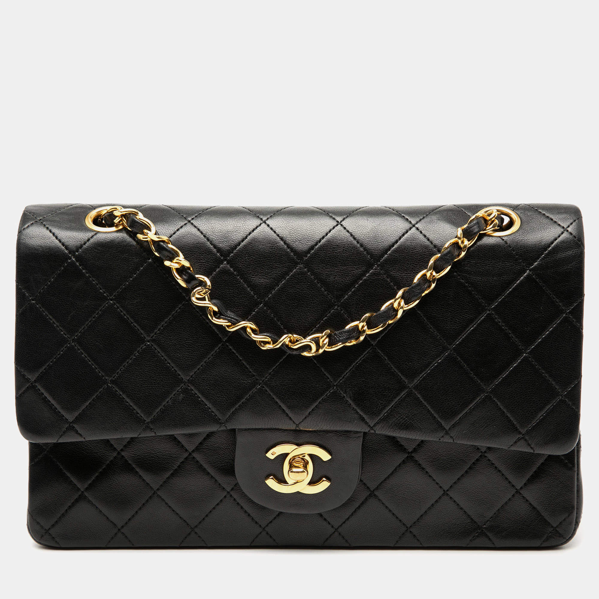 Pre Owned Chanel Black Medium Classic Lambskin Double Flap