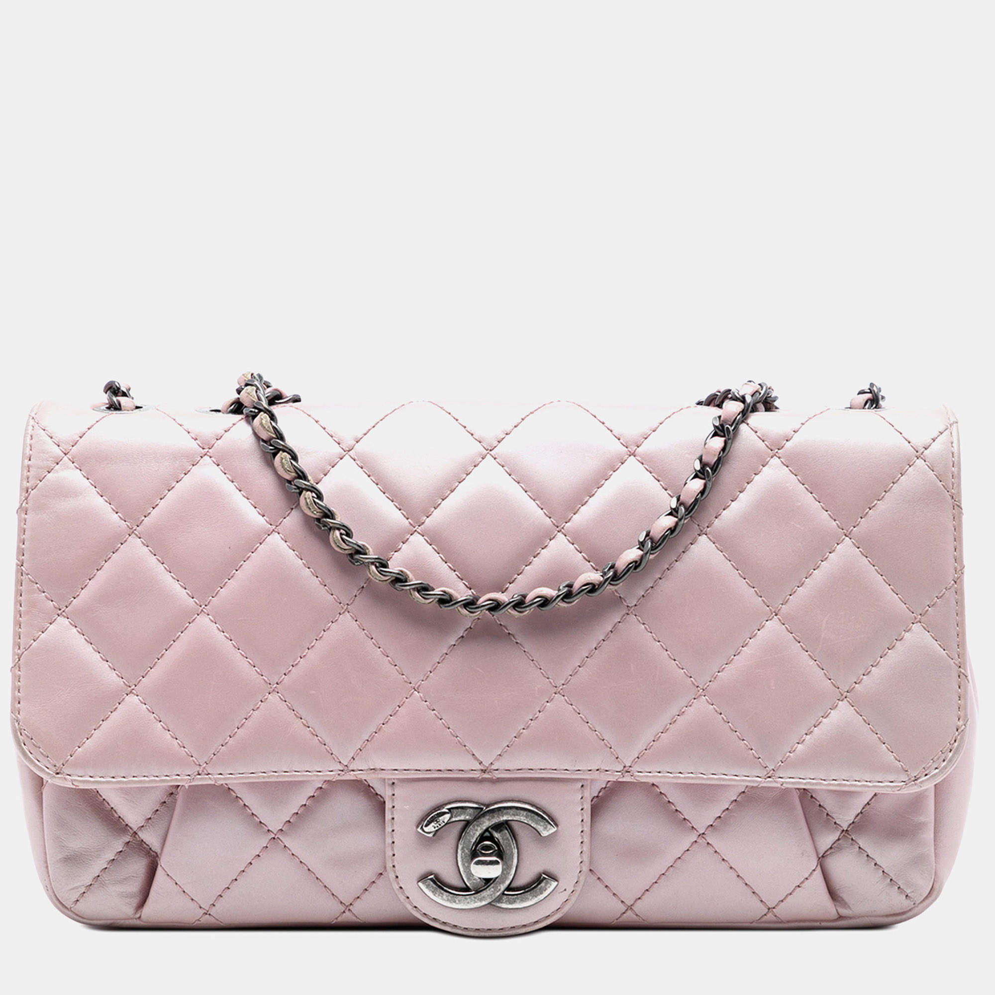 Pre Owned Chanel Pink Medium Quilted Metallic Calfskin Coco Pleats Chain Flap