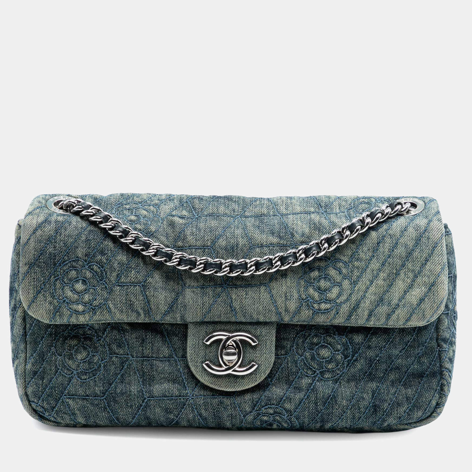 Pre Owned Chanel Blue Medium Embroidered Denim Camellia Flap