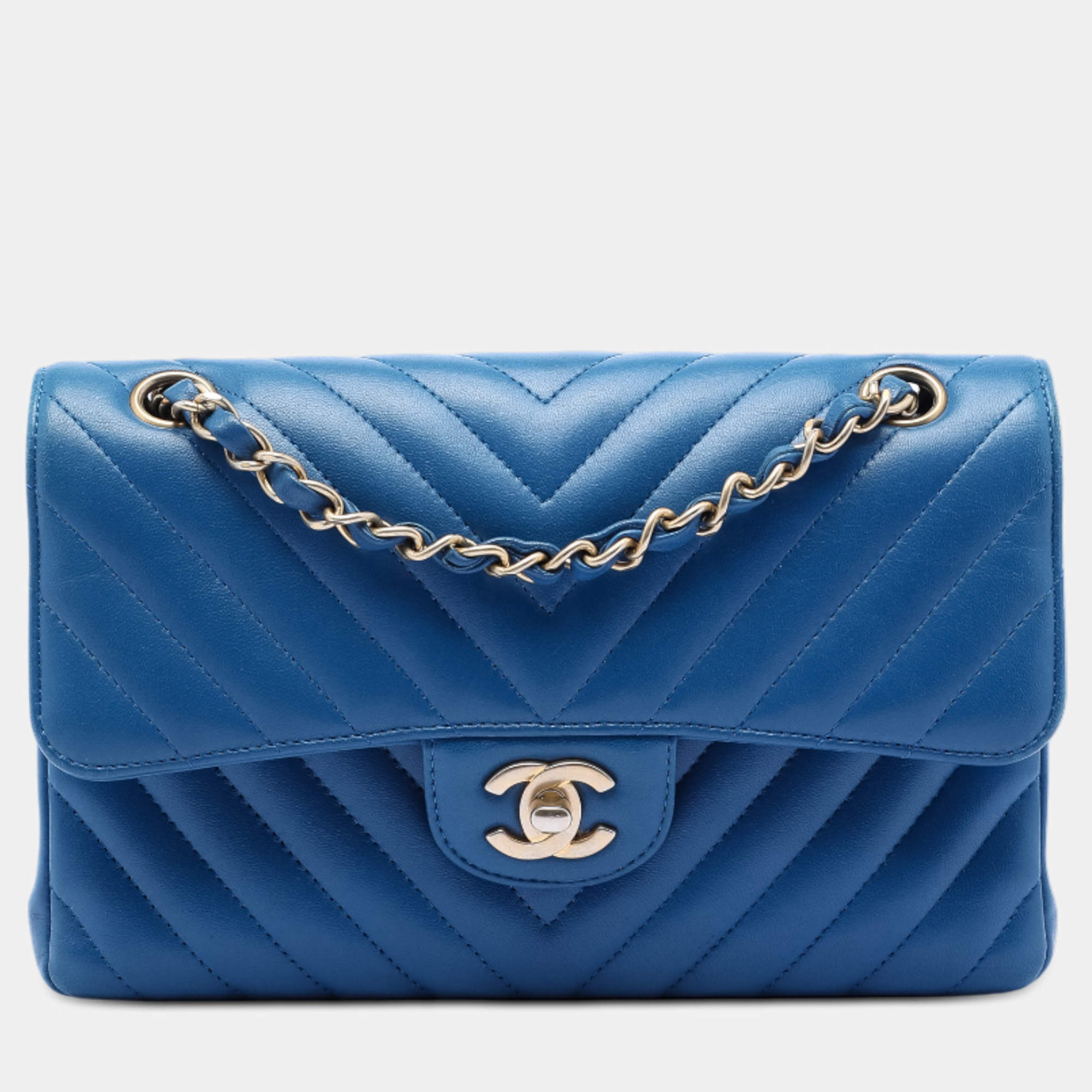 Pre Owned Chanel Blue Small Classic Chevron Lambskin Double Flap