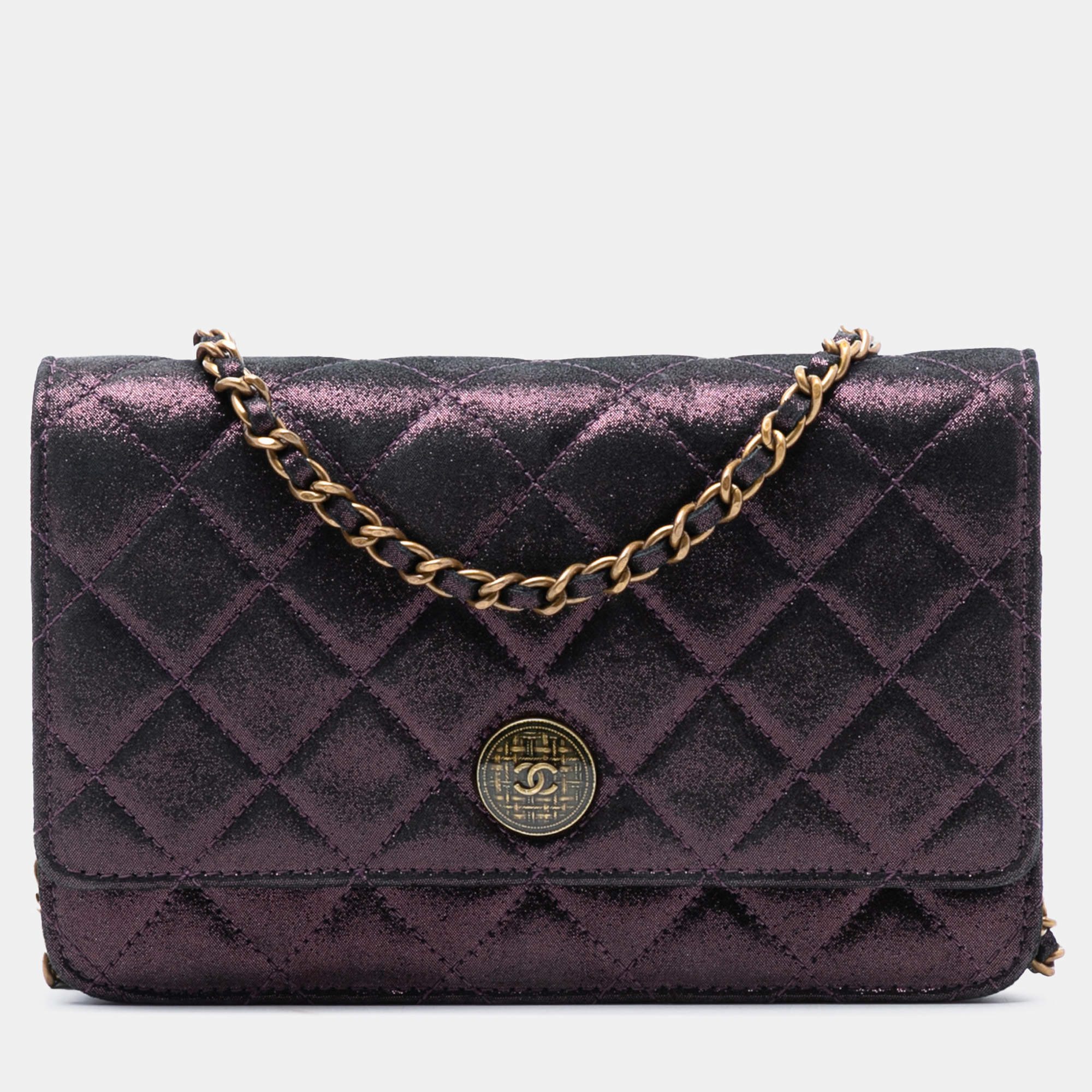 Pre Owned Chanel Purple Quilted Iridescent Lambskin Tartan Button Wallet On Chain