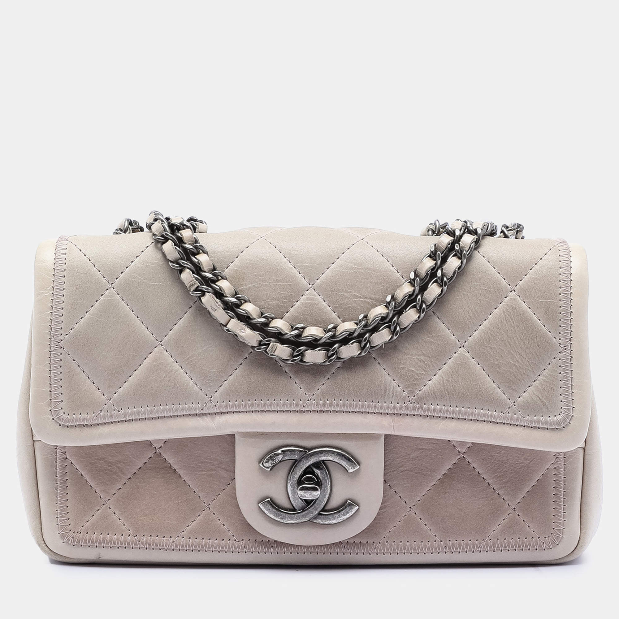 Pre Owned Chanel Beige Small Quilted Calfskin Stitched Frame Flap