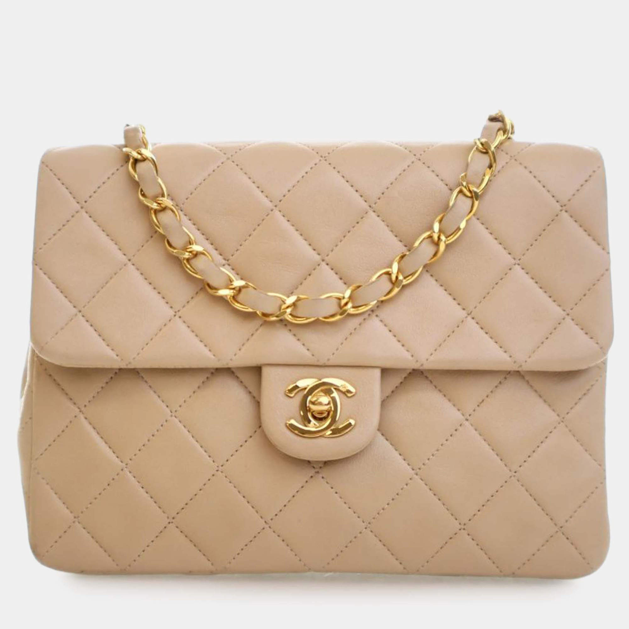 Pre Owned Chanel Beige Small Square Quilted Lambskin Flap