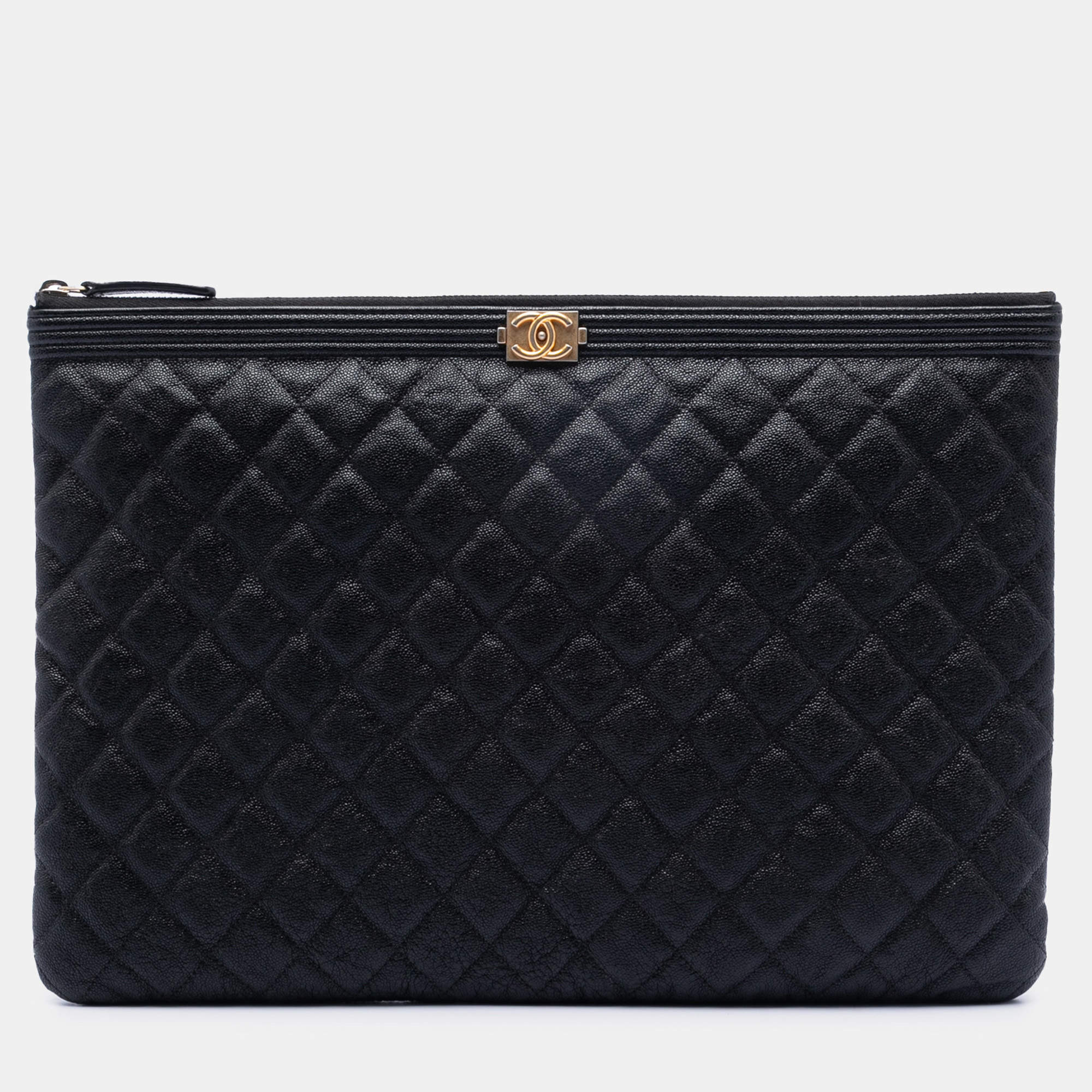 Pre Owned Chanel Black Large Quilted Caviar Boy O Case Clutch