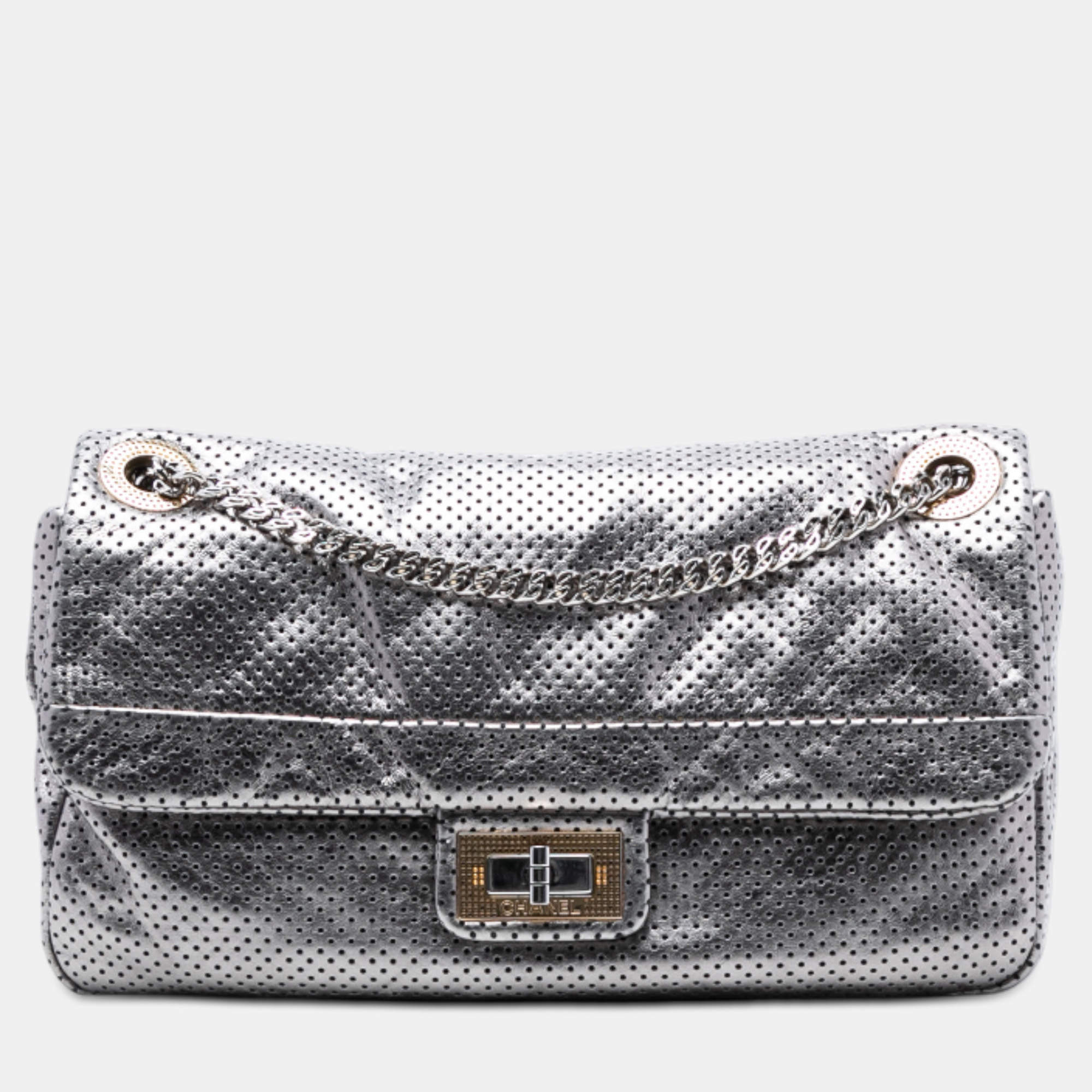 مملوكة مسبقًا Chanel Silver Medium Reissue Perforated Calfskin Drill Flap