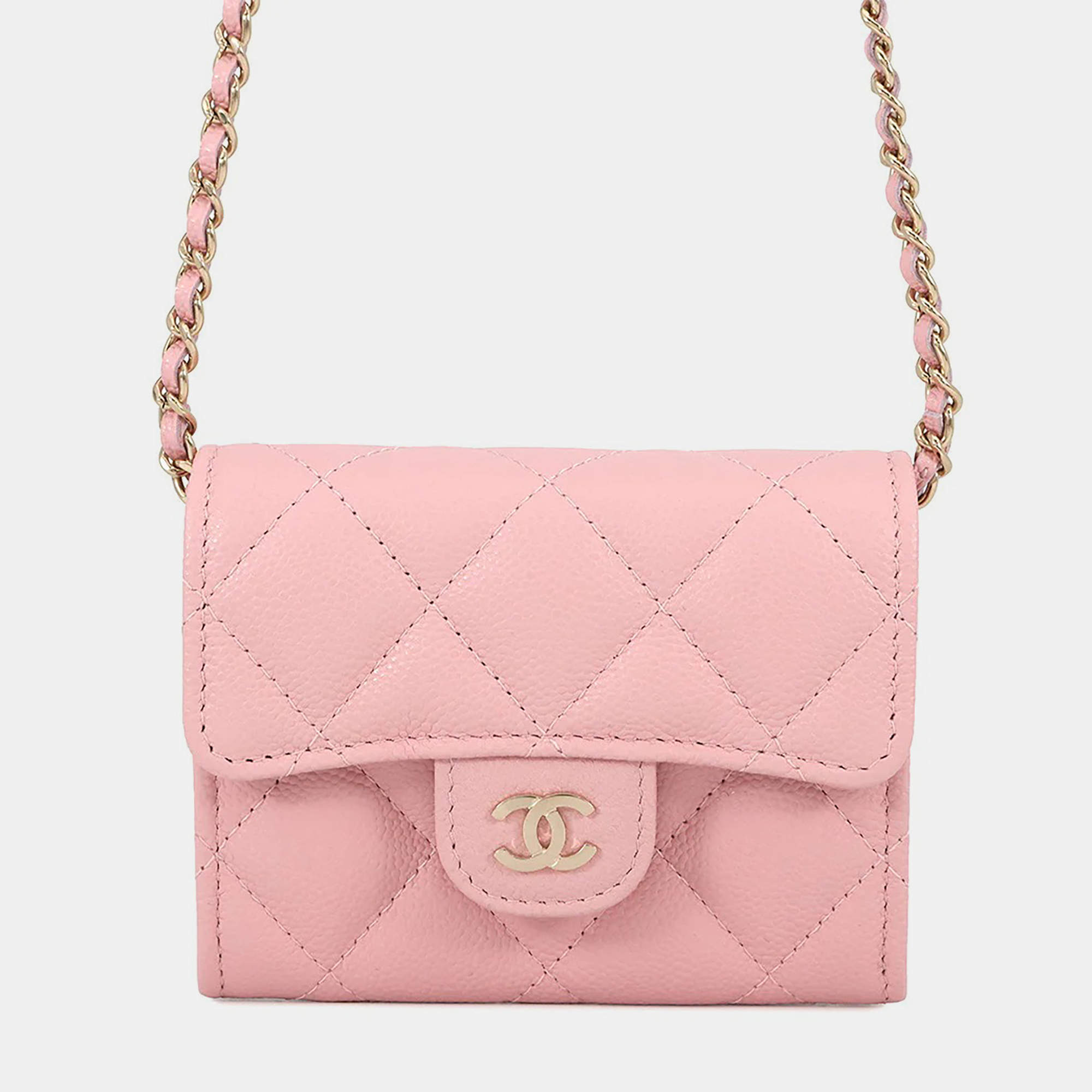 Pre Owned Chanel Matelasse Compact Chain Wallet Pink Caviar Leather