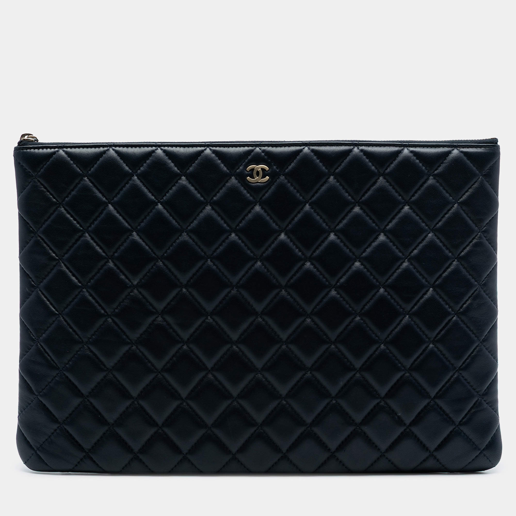 Pre Owned Chanel Blue Large Quilted Lambskin O Case Clutch