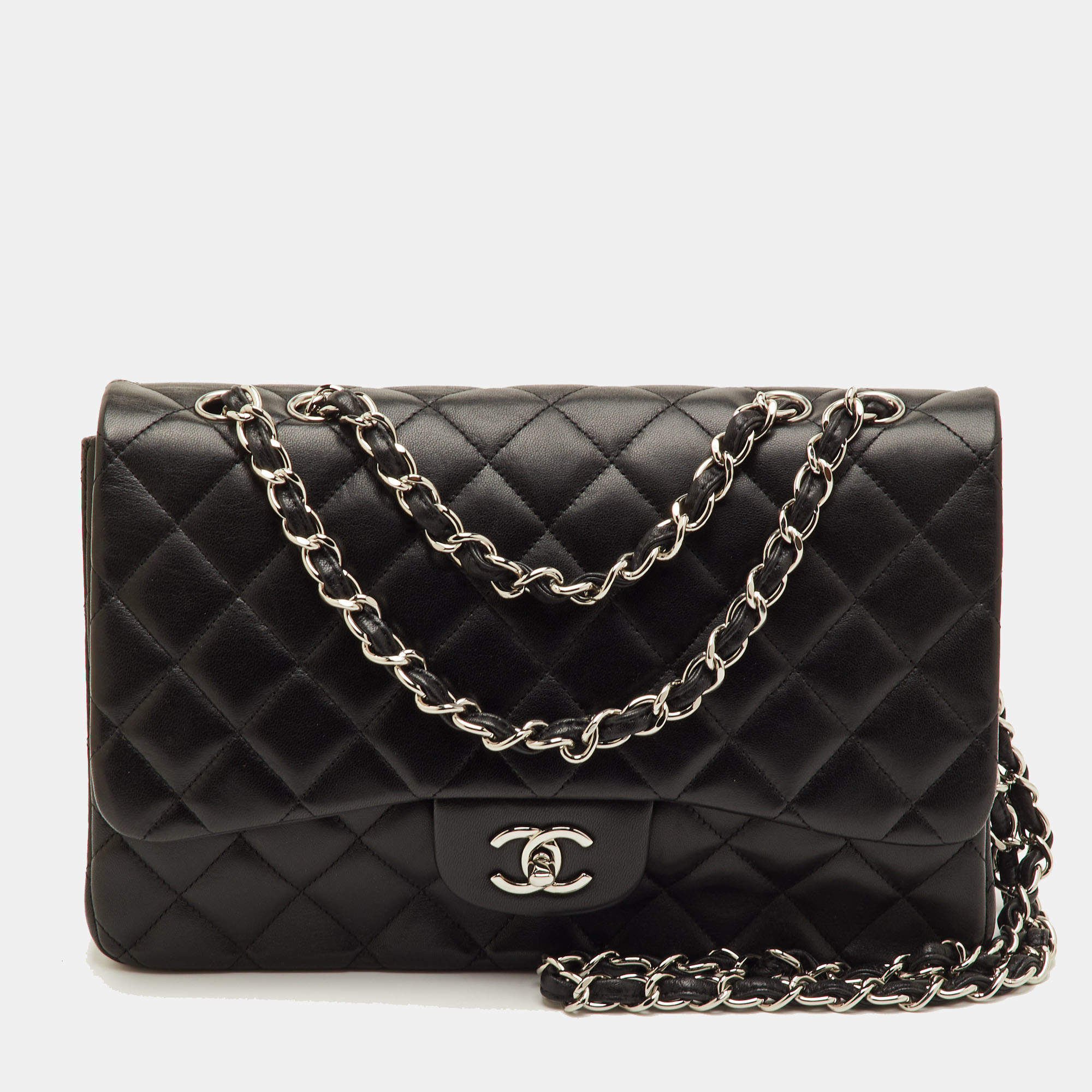 Pre Owned Chanel Classic Jumbo Black Quilted Leather Single Flap Bag