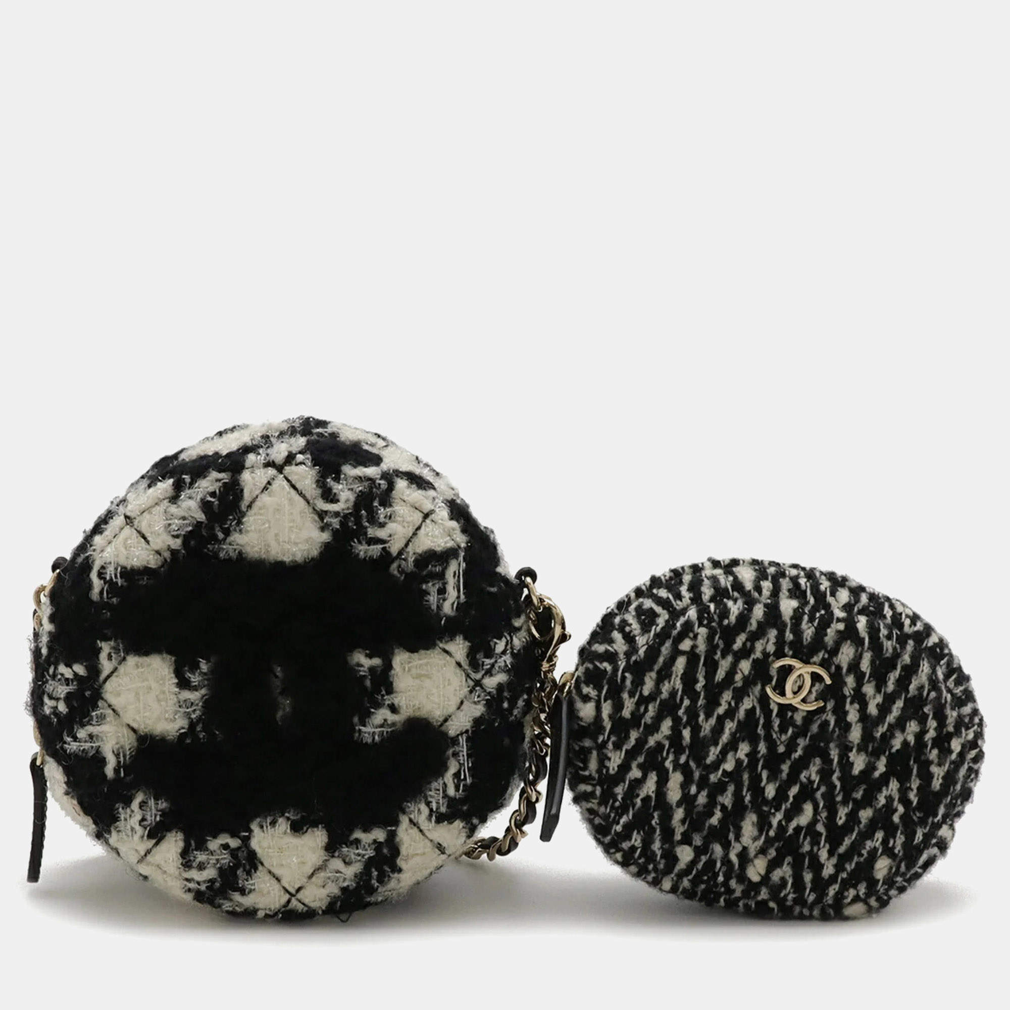 مملوكة مسبقًا Chanel Round Chain Shoulder Pochette In Houndstooth Tweed With Boa Ivory And Black