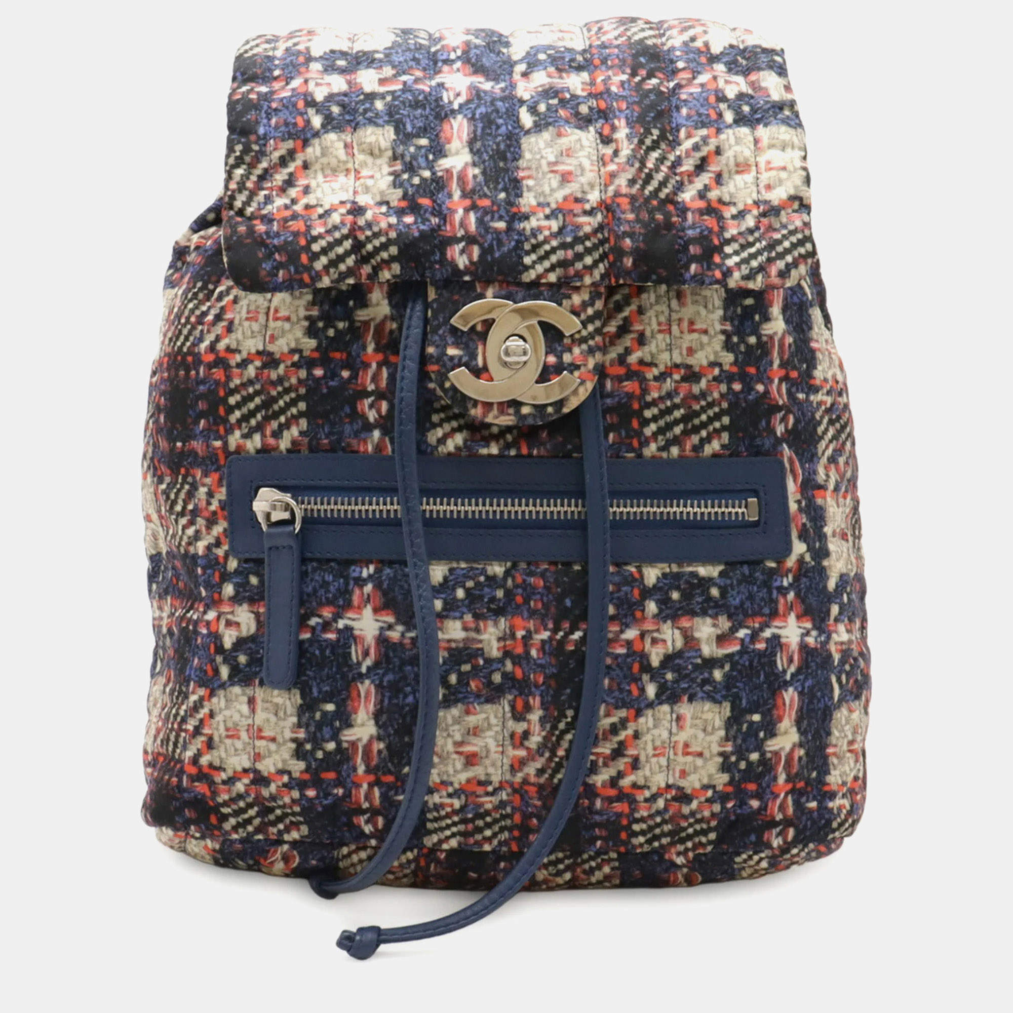 مملوكة مسبقًا Chanel Tweed Print Coco Mark Chain Shoulder Backpack Nylon Blue Pink