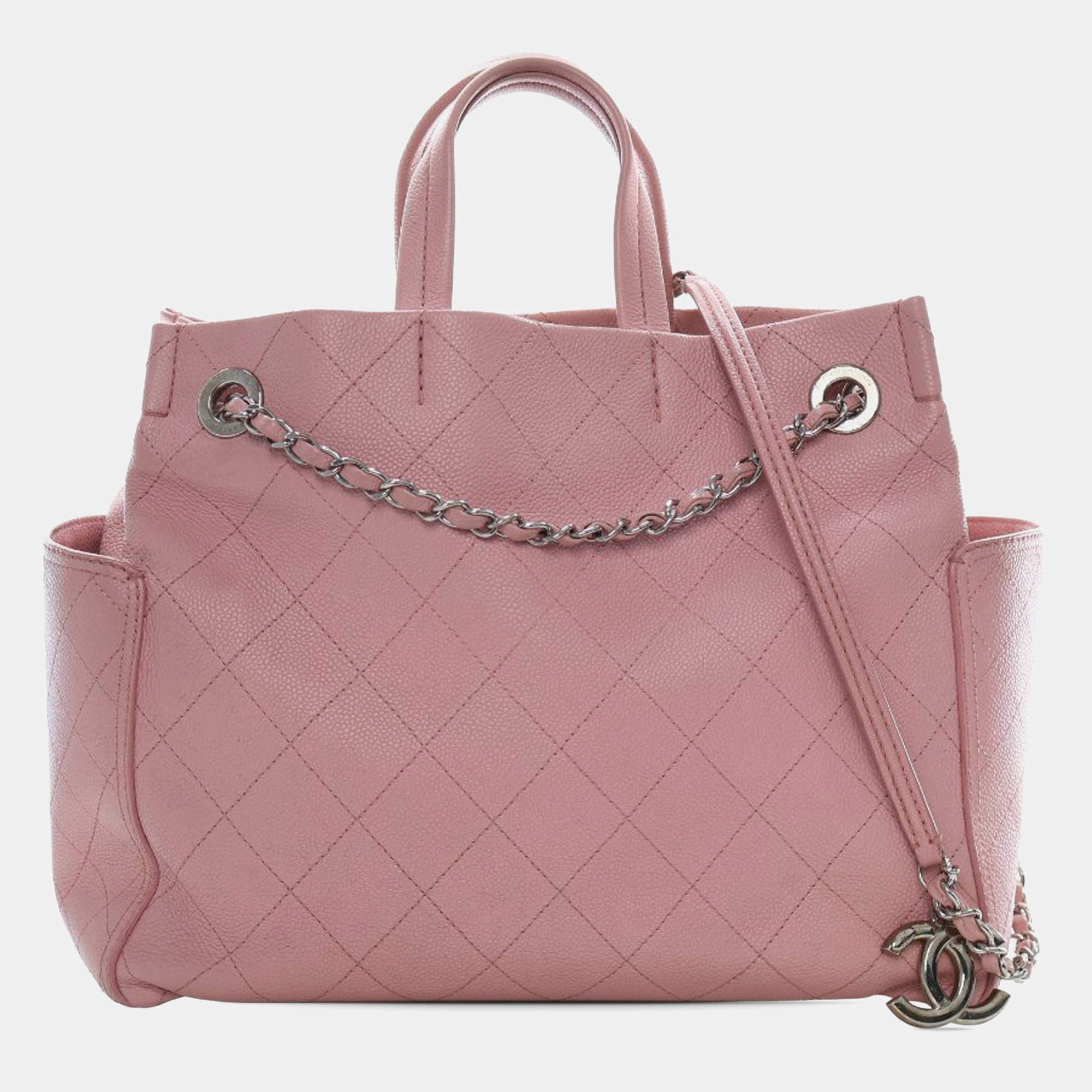 Pre Owned Chanel Pink Small Quilted Caviar CC Pocket Tote