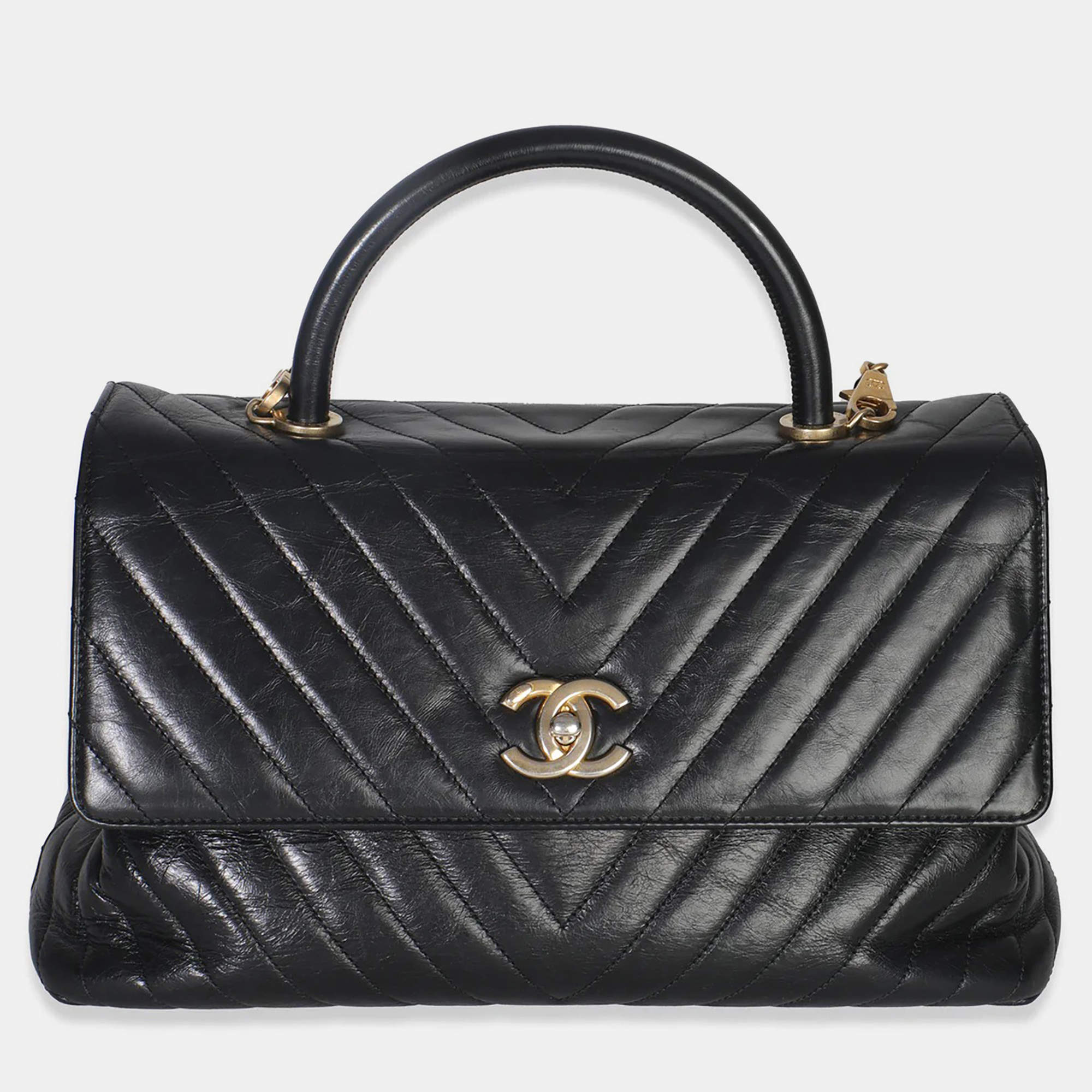 مملوكة مسبقًا Chanel Black Chevron Aged Calfskin Large Coco Top Handle Bag