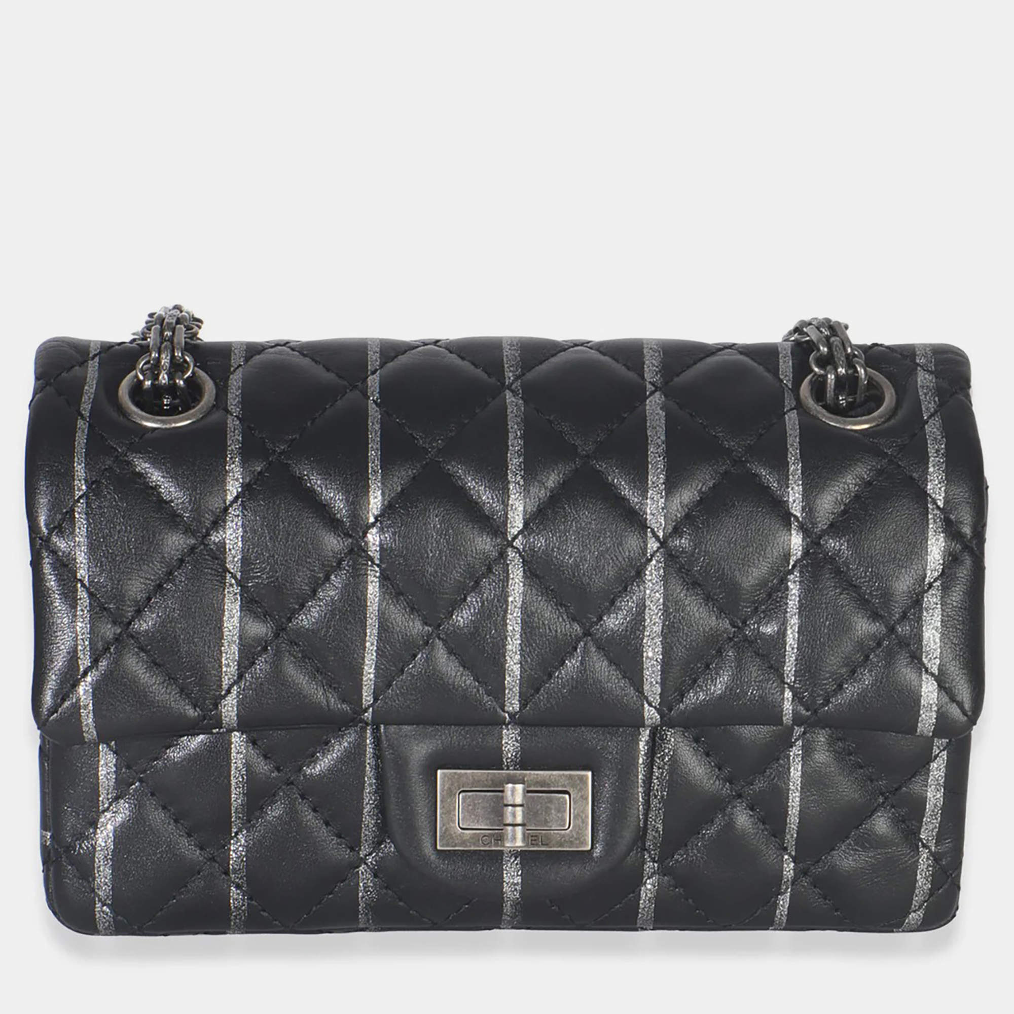Pre Owned Chanel Black Quilted Aged Calfskin Glitter Stripe Mini Reissue 2.55 Flap Bag