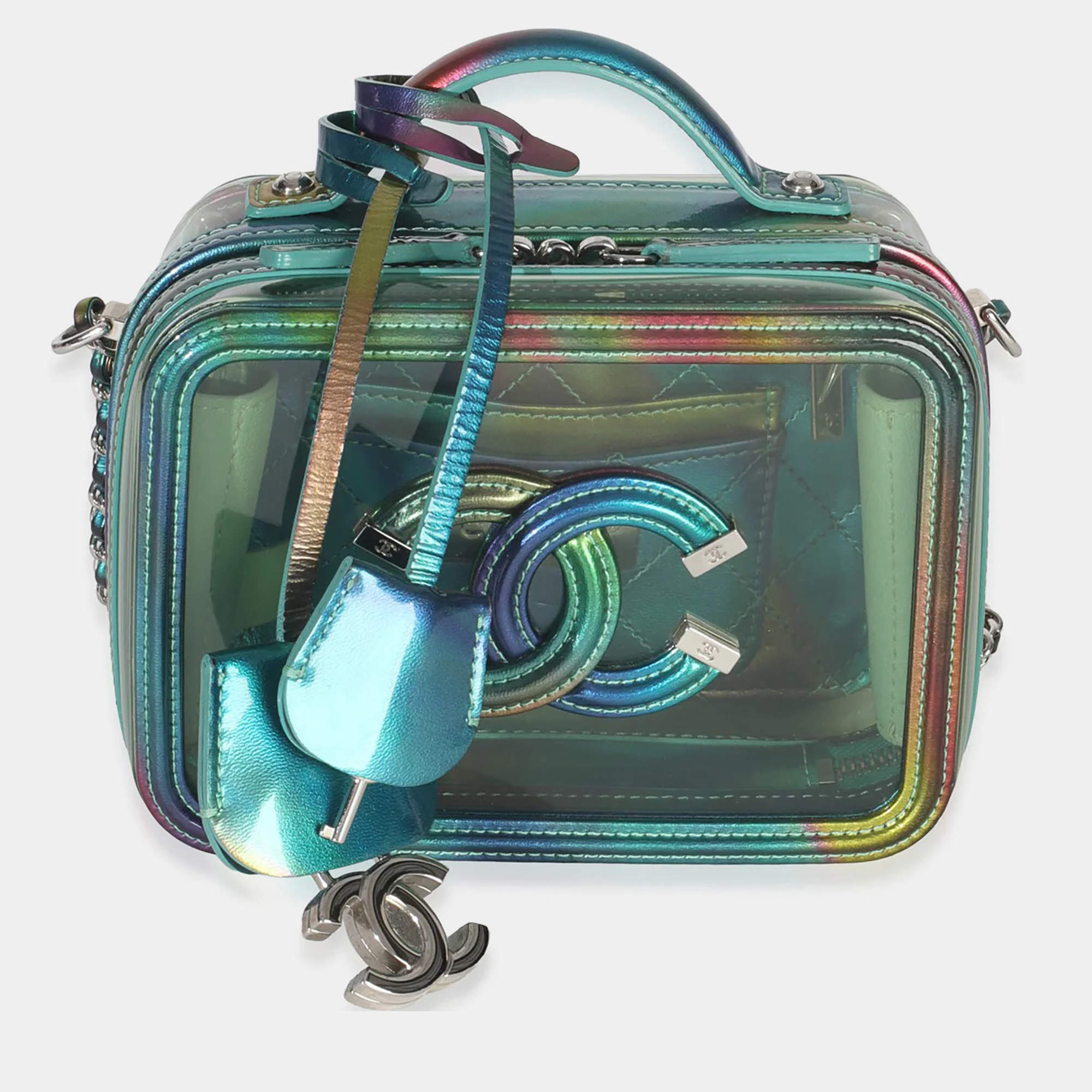 Pre Owned Chanel Green Iridescent PVC Small Filigree Vanity Case