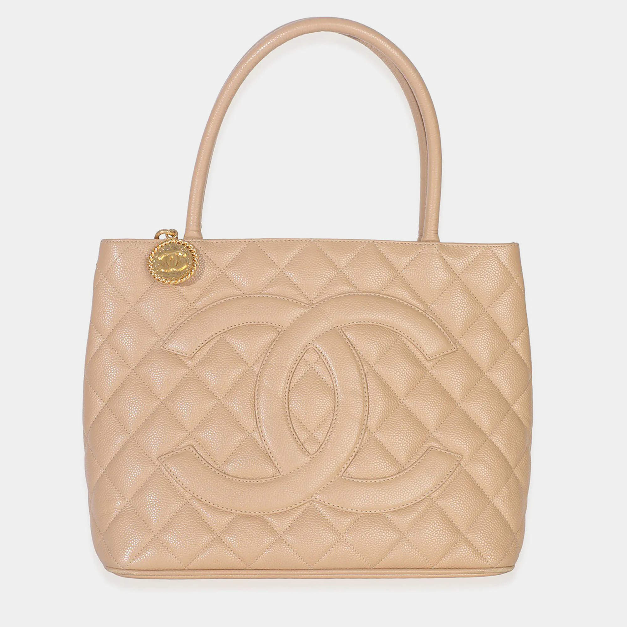 Pre Owned Chanel Beige Quilted Caviar Medallion Tote