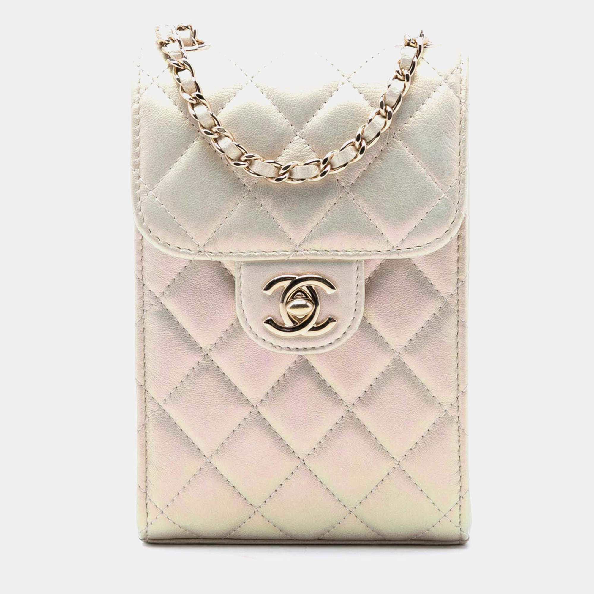 Pre Owned Chanel White CC Quilted Iridescent Lambskin Phone Holder with Chain