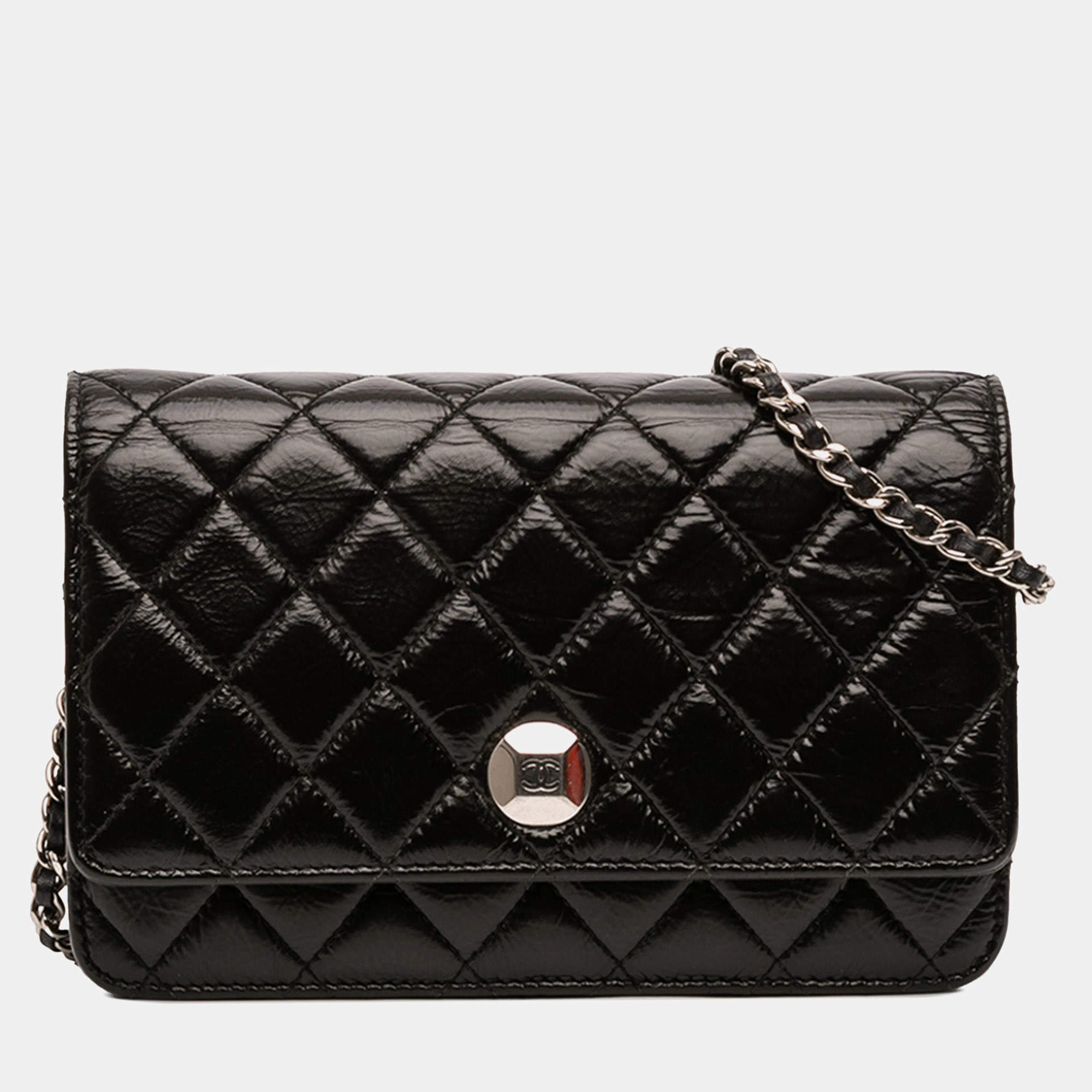 Pre Owned Chanel Black CC Quilted Crinkled Patent Wallet On Chain