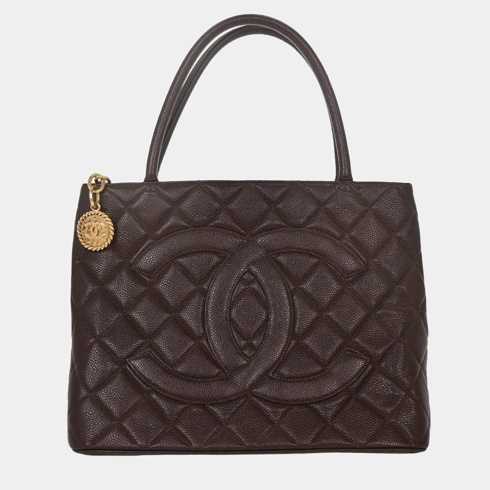 Pre Owned Chanel Brown Calfskin Medallion Tote Handbag