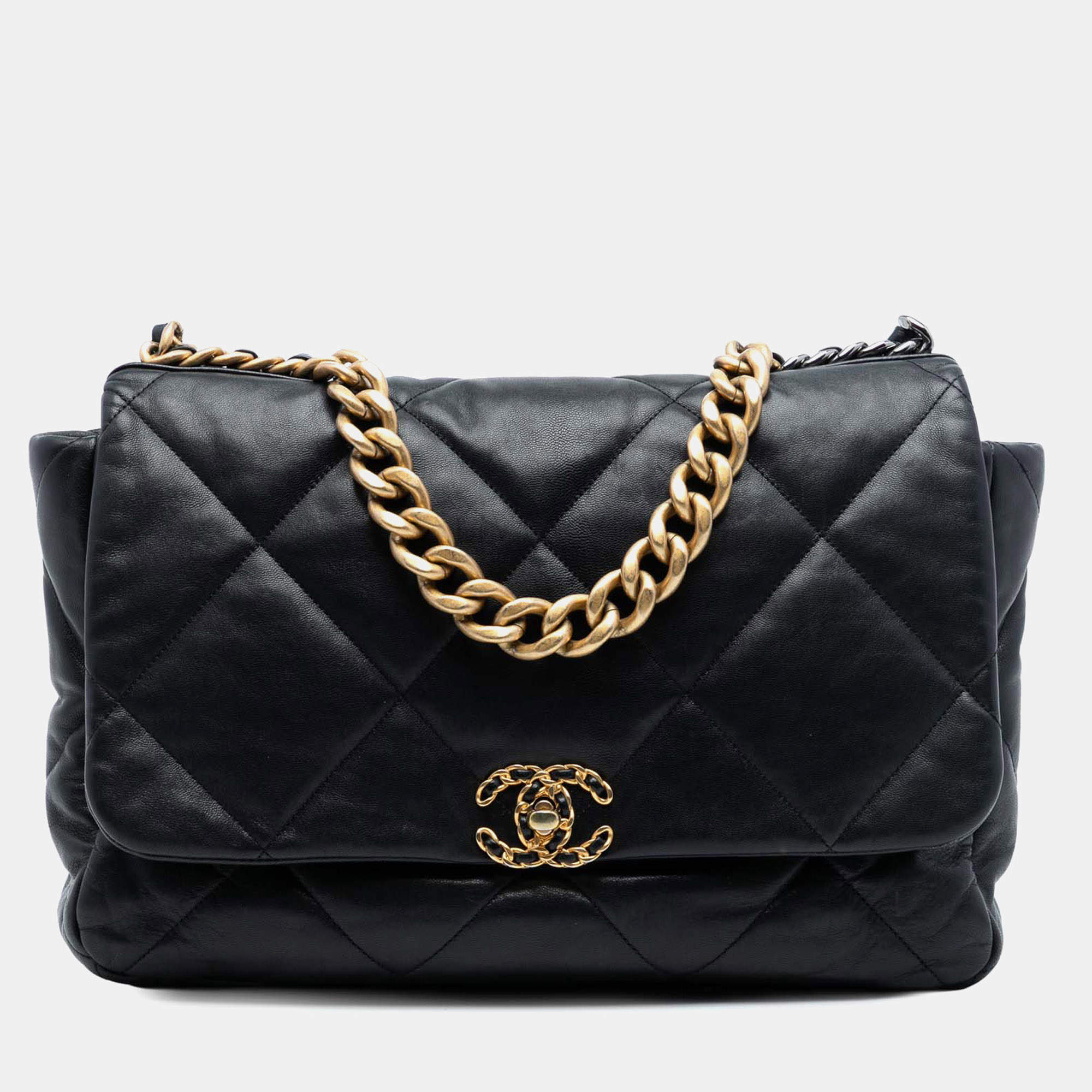 Pre Owned Chanel Black Maxi Lambskin 19 Flap