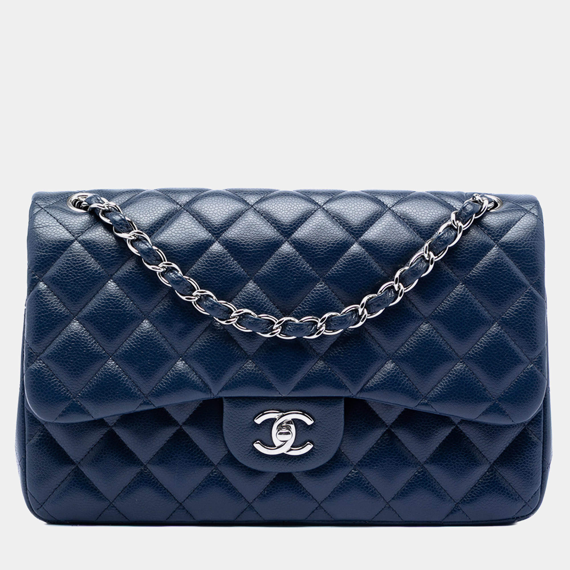 Pre Owned Chanel Blue Jumbo Classic Caviar Double Flap
