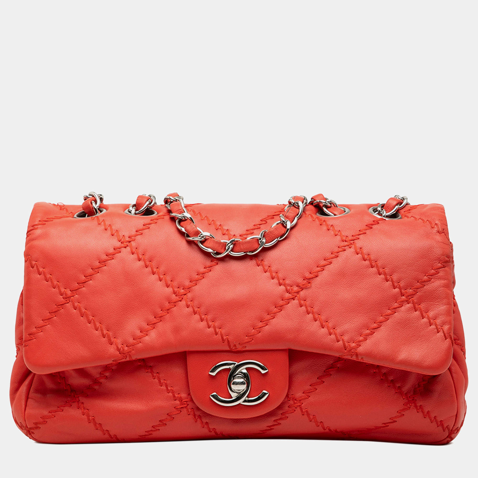 Pre Owned Chanel Orange Quilted Lambskin Ultimate Stitch Flap