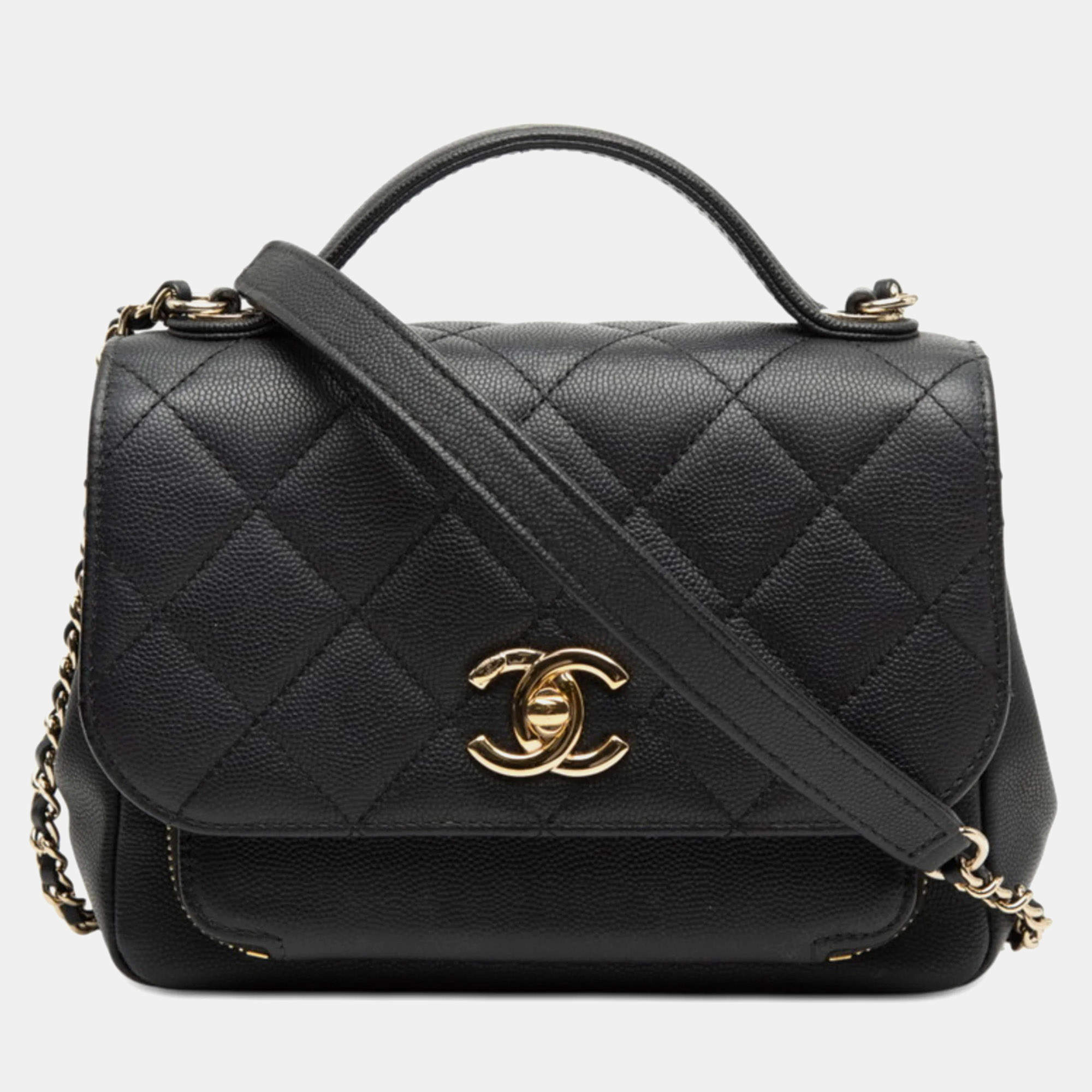 Pre Owned Chanel Coco Mark Matelasse Business Affinity Handbag Top Handle/Shoulder Bag Black Caviar Skin