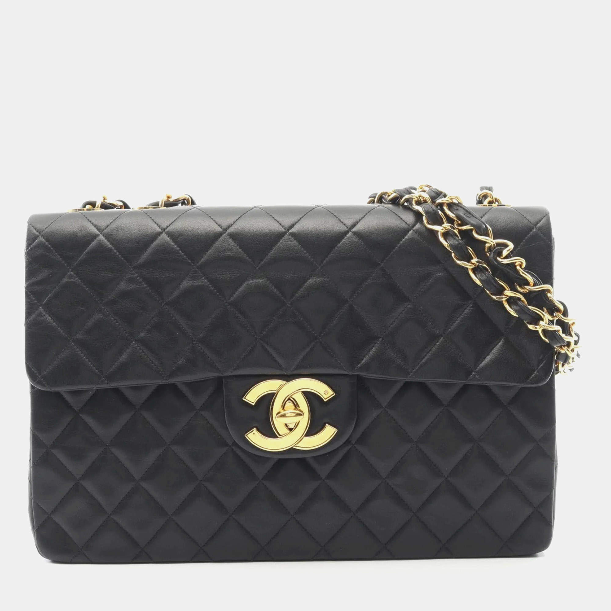 Pre Owned حقيبة كتف شانيل دكا ماتلاسي كبيرة flap واحدة جلد خروف سوداء