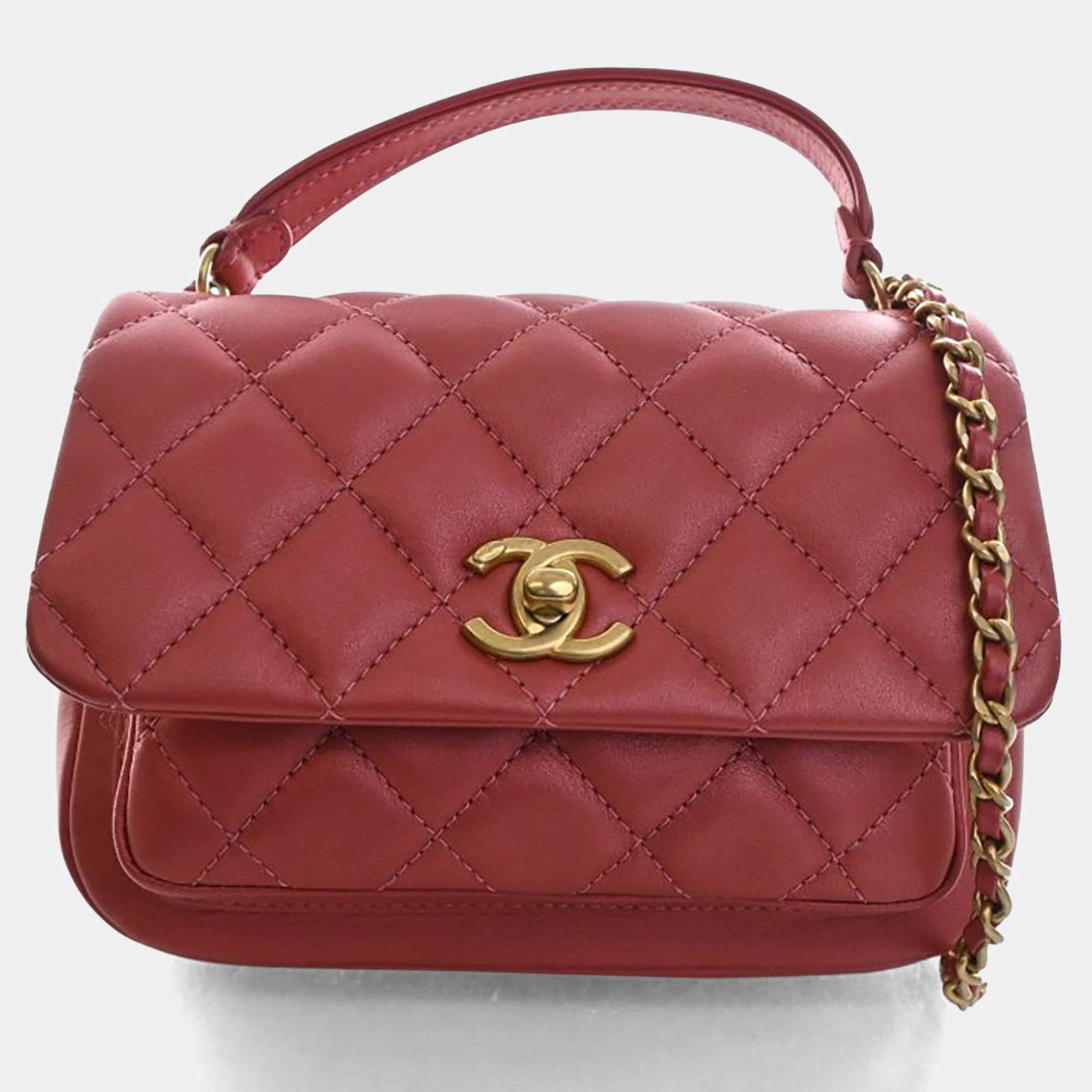 Pre Owned Chanel Mini Pink Calfskin Top Handle Flap Bag