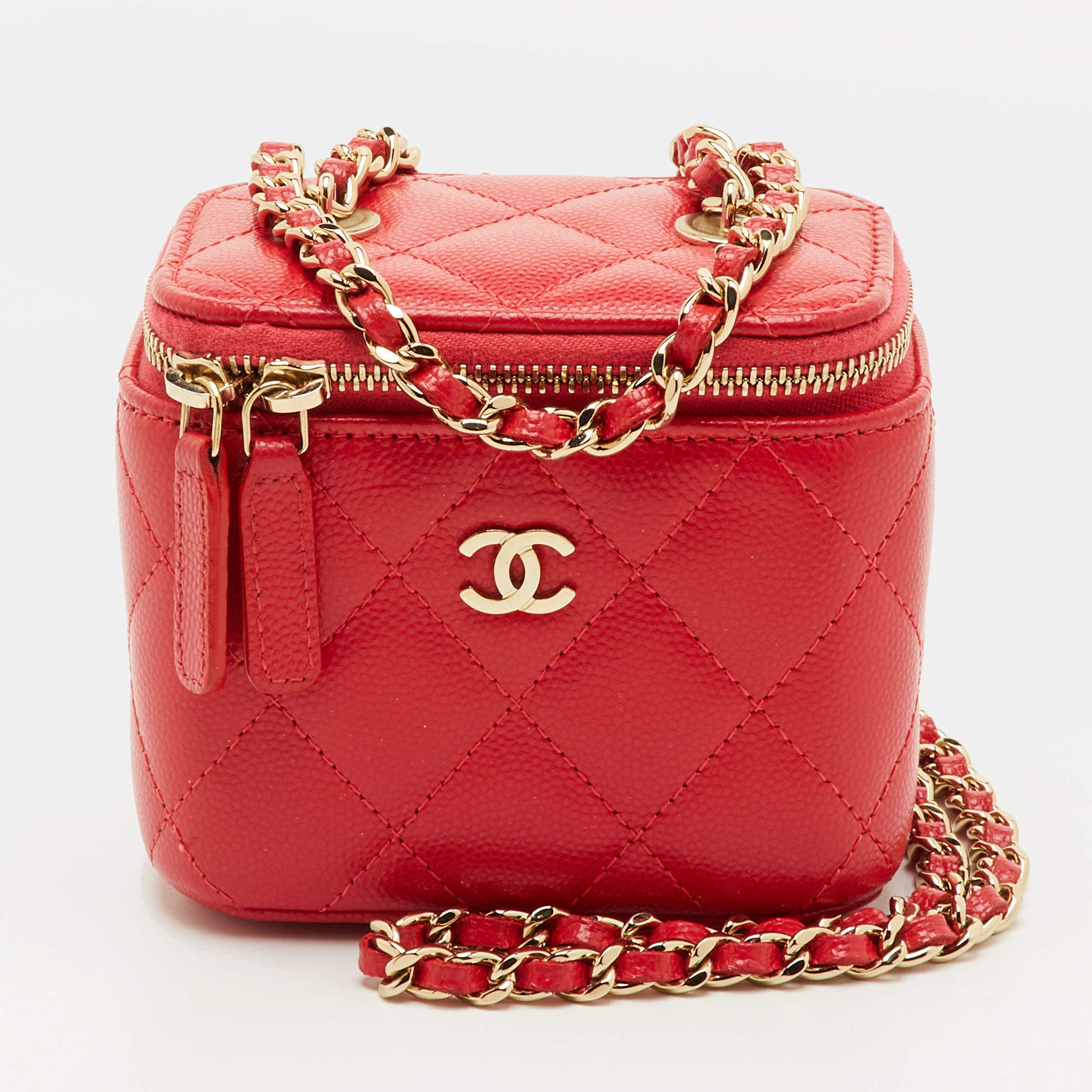 Pre Owned Chanel Vanity Case Mini Red Caviar Quilted Leather Chain Bag