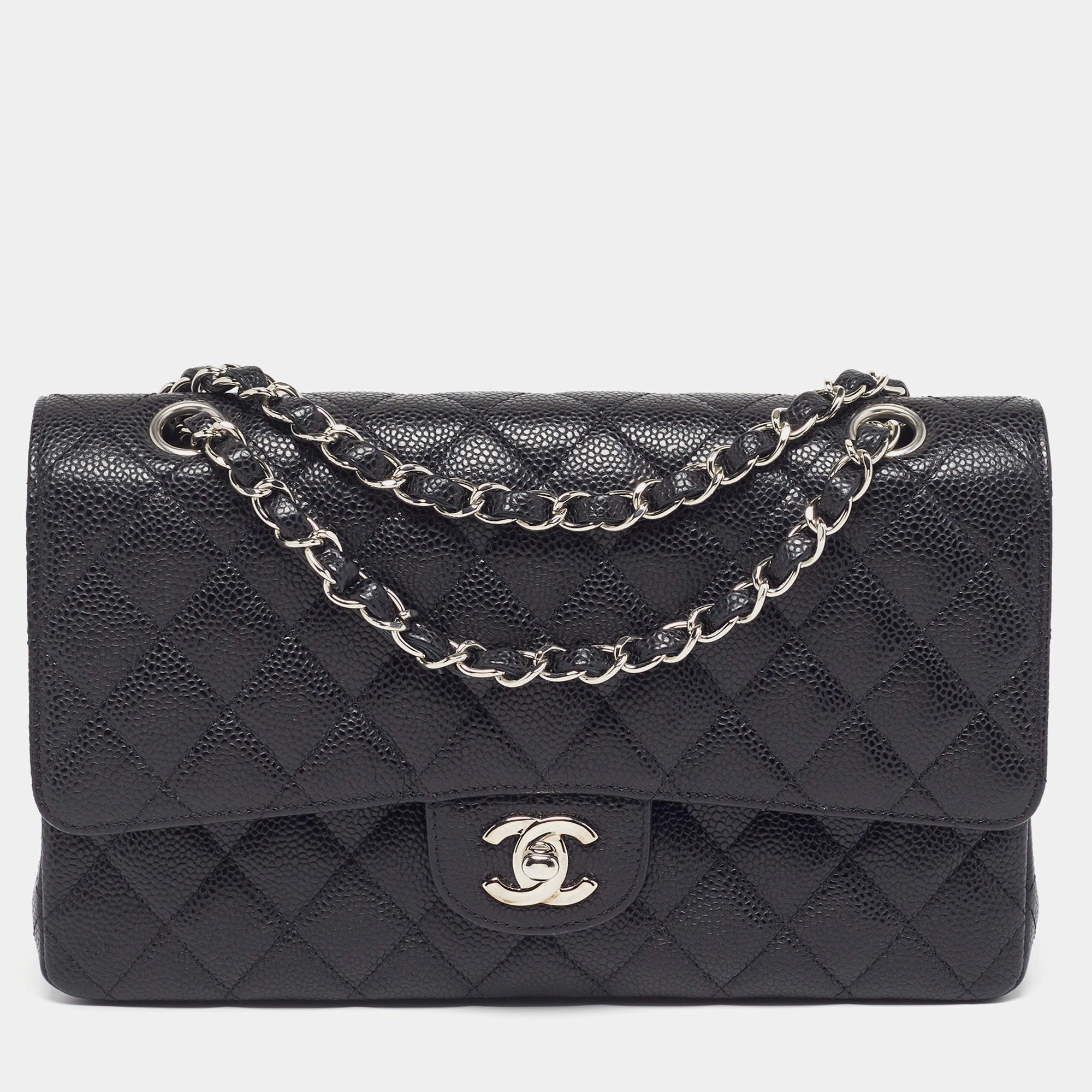 مملوكة مسبقًا Chanel Classic Double Flap Medium Black Quilted Caviar Leather Shoulder Bag
