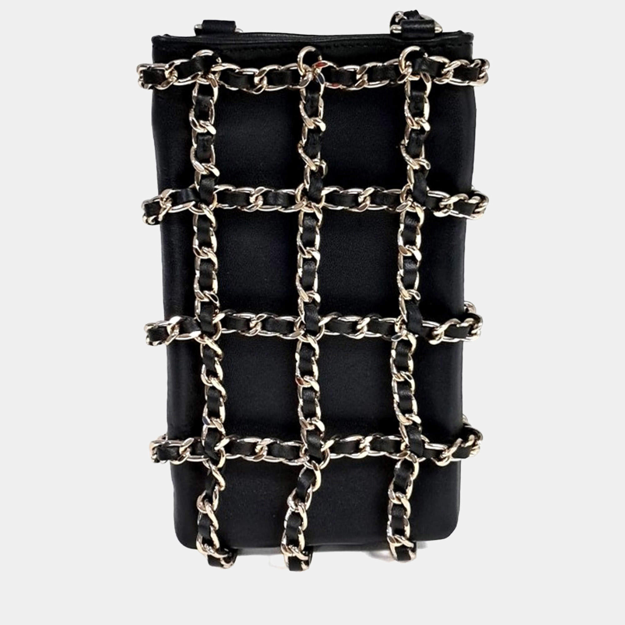 مملوكة مسبقًا Chanel Black Leather Chain Phone Holder and Crossbody Bag