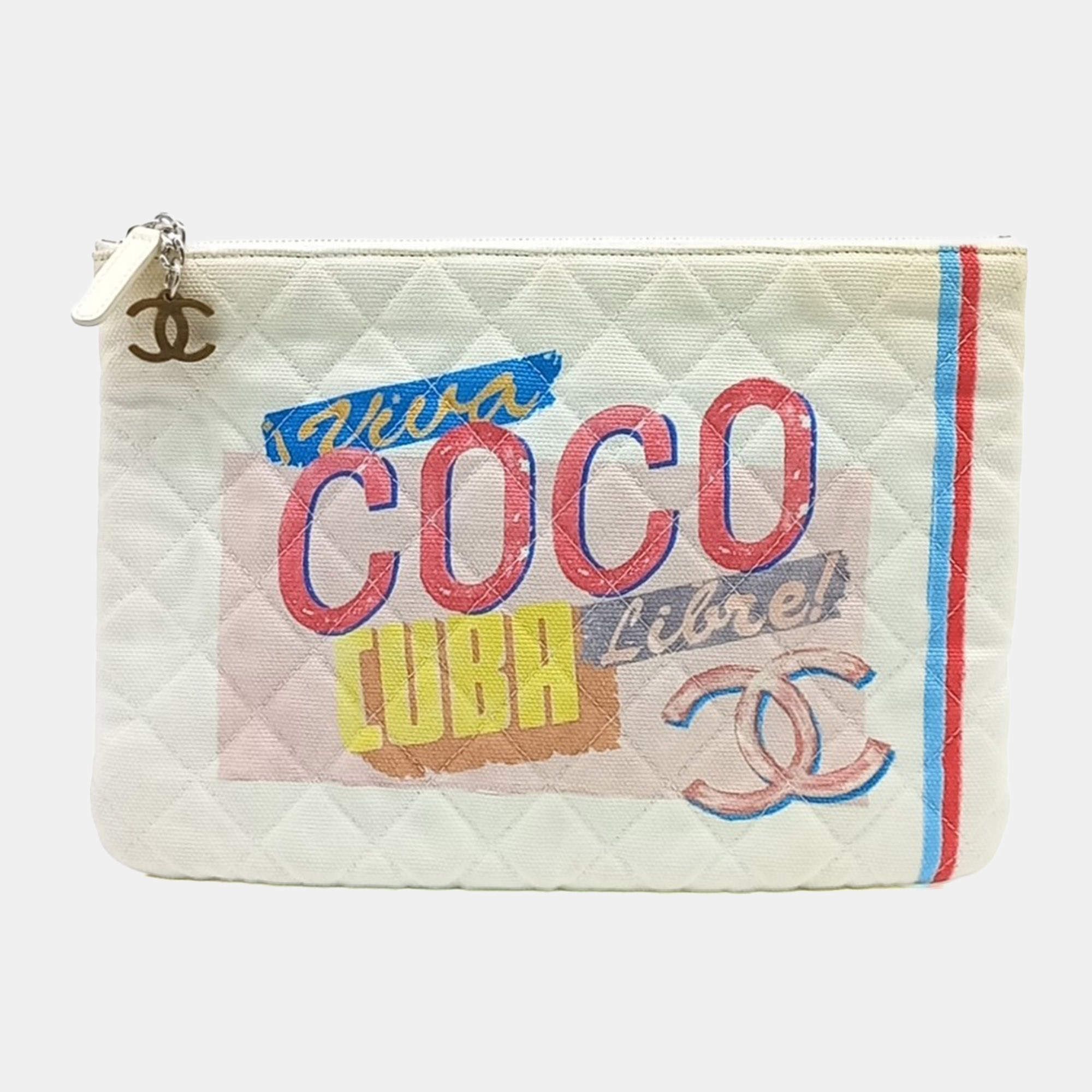 Pre Owned Chanel White Canvas Coco Cuban fabric clutch