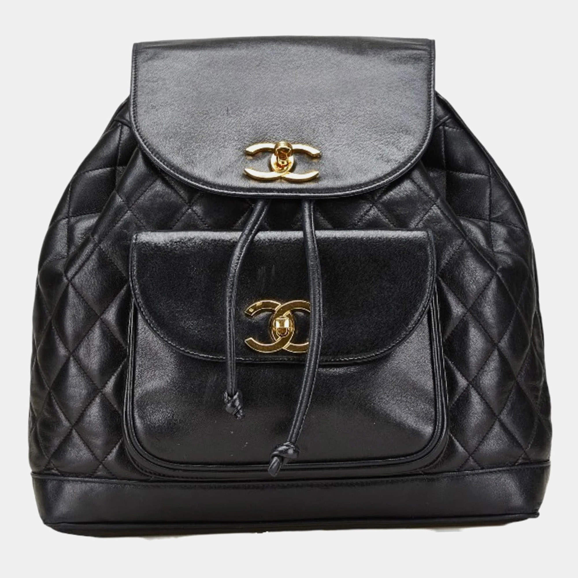 Pre Owned Chanel Matelasse Coco Mark Gold Hardware Chain Backpack Black Lambskin