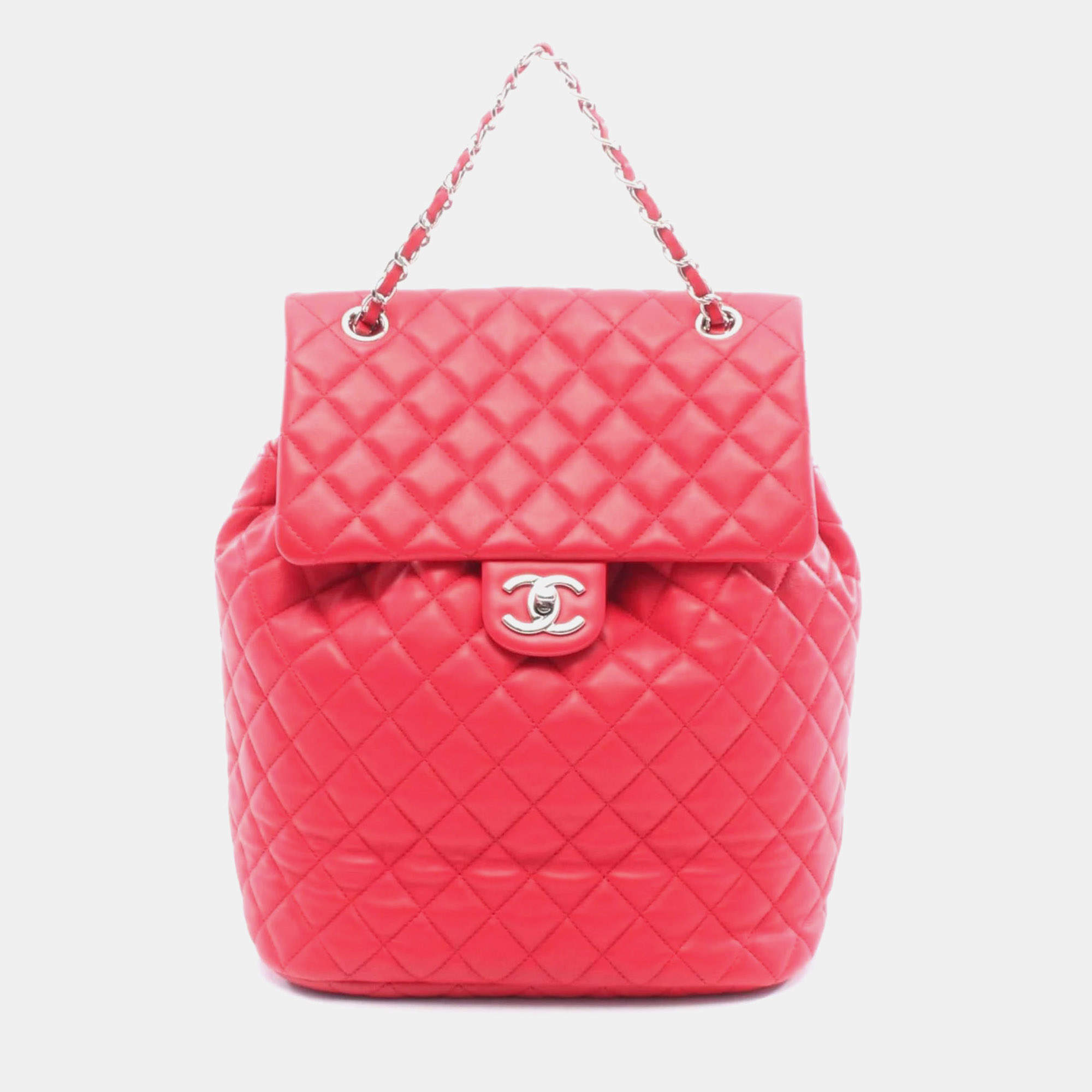 Pre Owned Chanel Matelasse Backpack/Handbag In Lambskin Leather Red