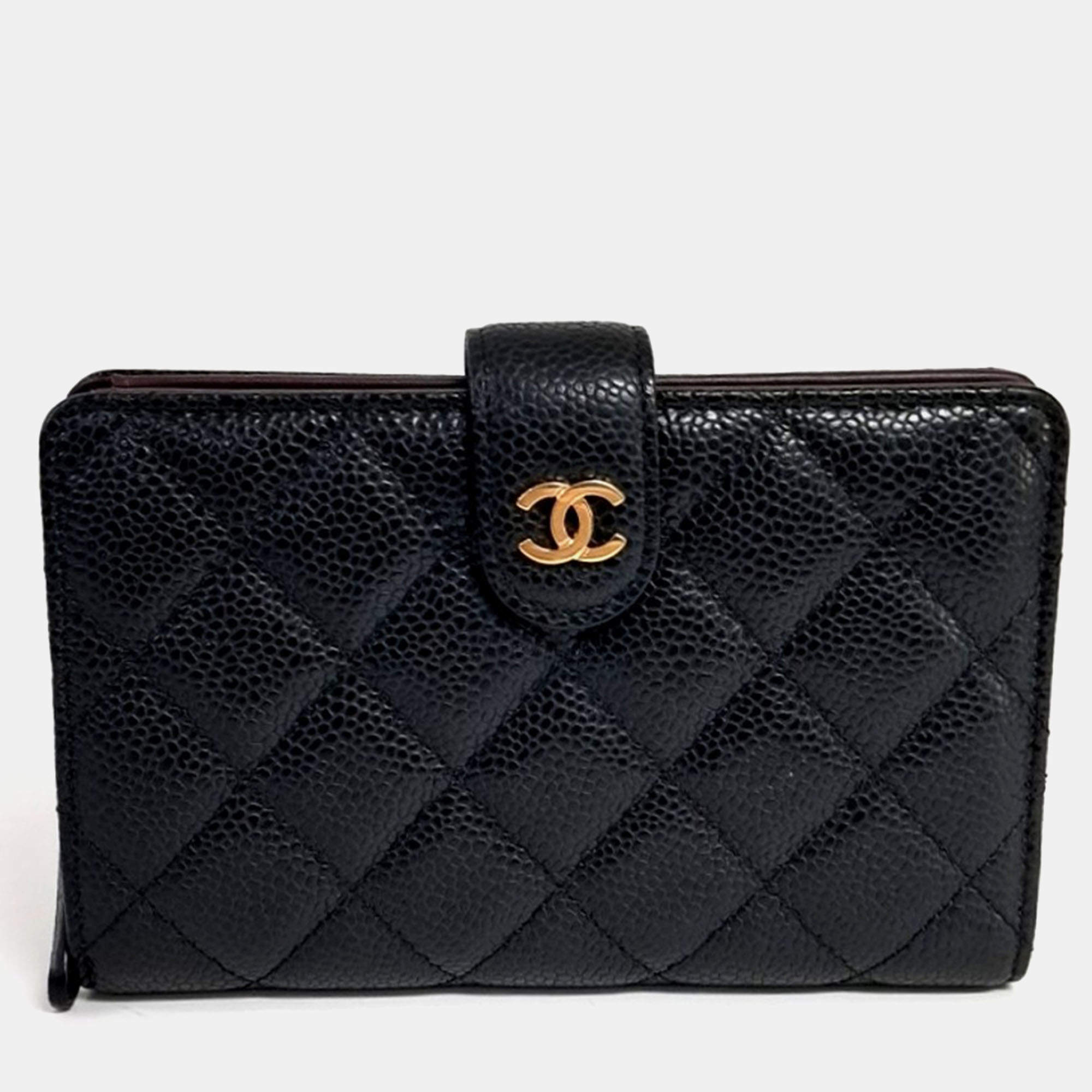 Pre Owned Chanel Black Caviar Leather Wallet GHW