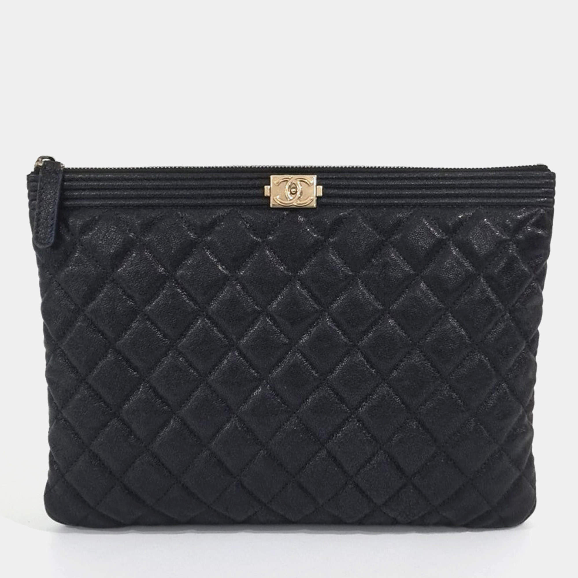 Pre Owned Chanel Boy Black Caviar Leather Clutch New Medium