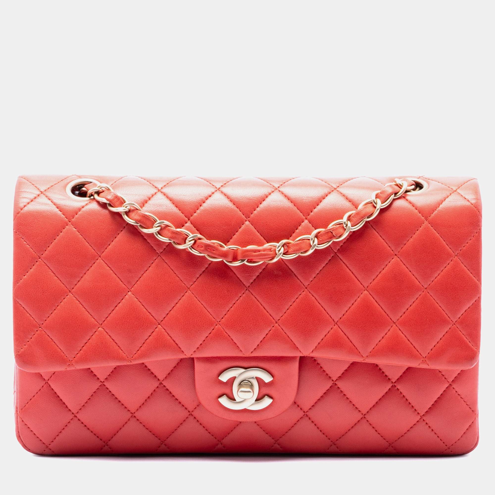 Pre Owned Chanel Classic Medium Red Quilted Lambskin Leather Double Flap Shoulder Bag