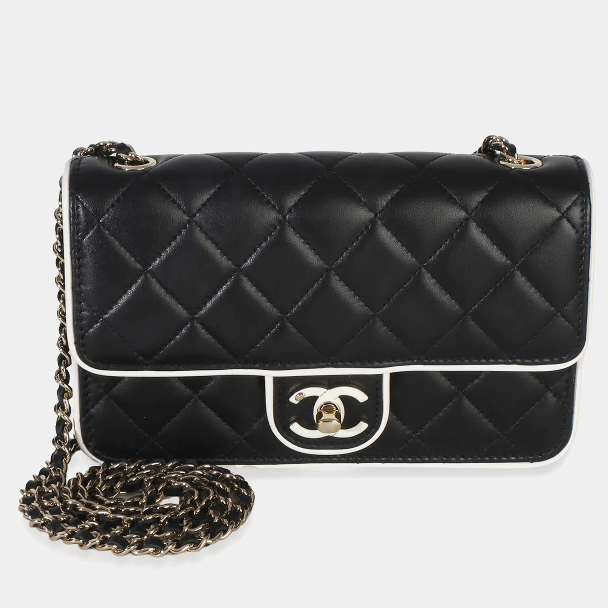 Pre Owned Chanel Quilted Resin CC Flap Black White Lambskin Wallet On Chain Bag