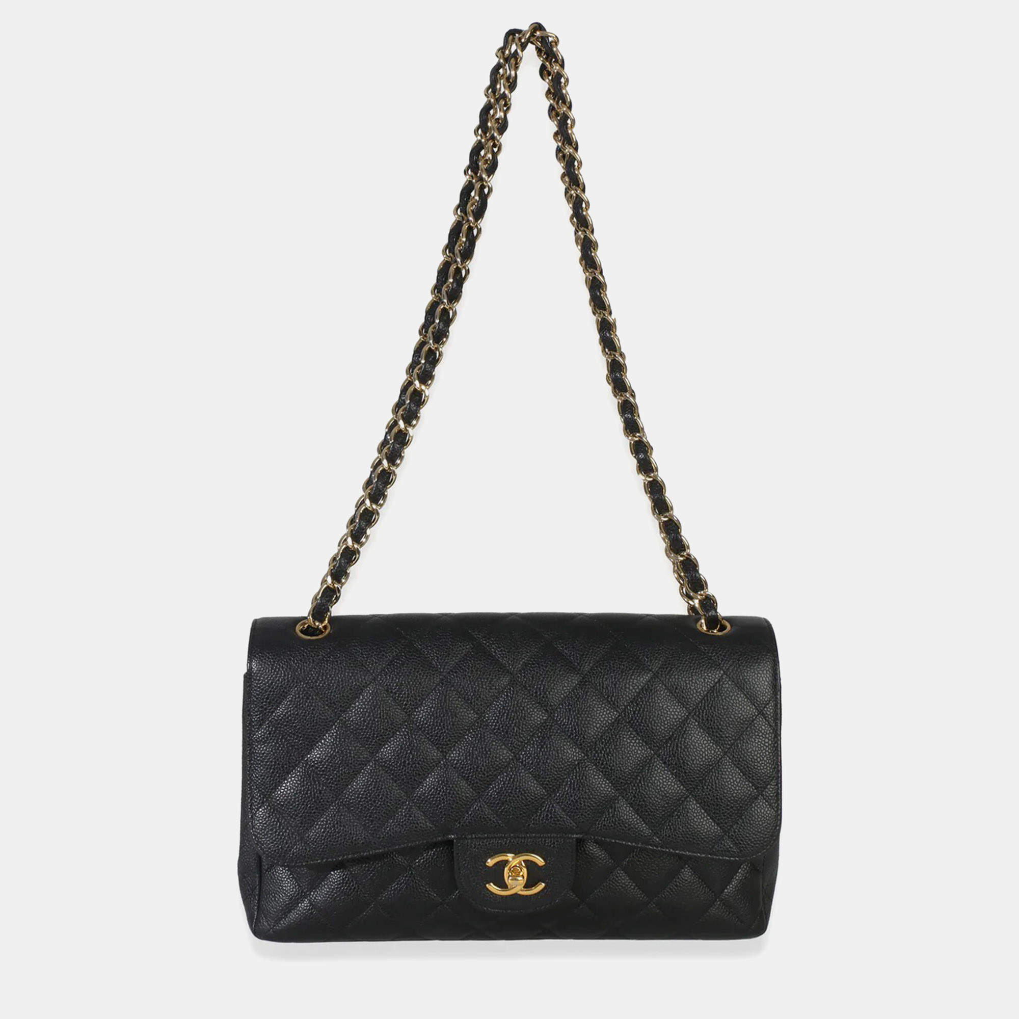Pre Owned Chanel Classic Jumbo Black Quilted Caviar Leather Double Flap Shoulder Bag