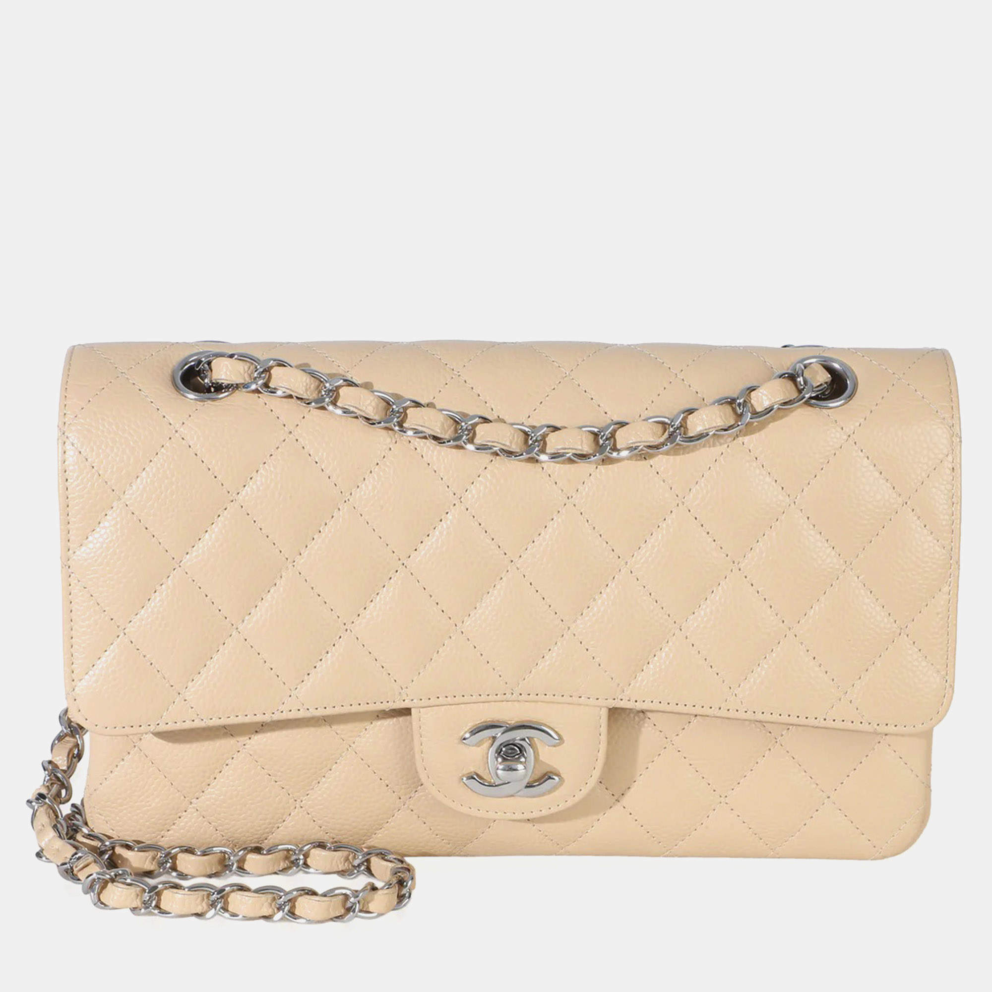 Pre Owned Chanel Double Flap Medium Beige Quilted Caviar Handbag