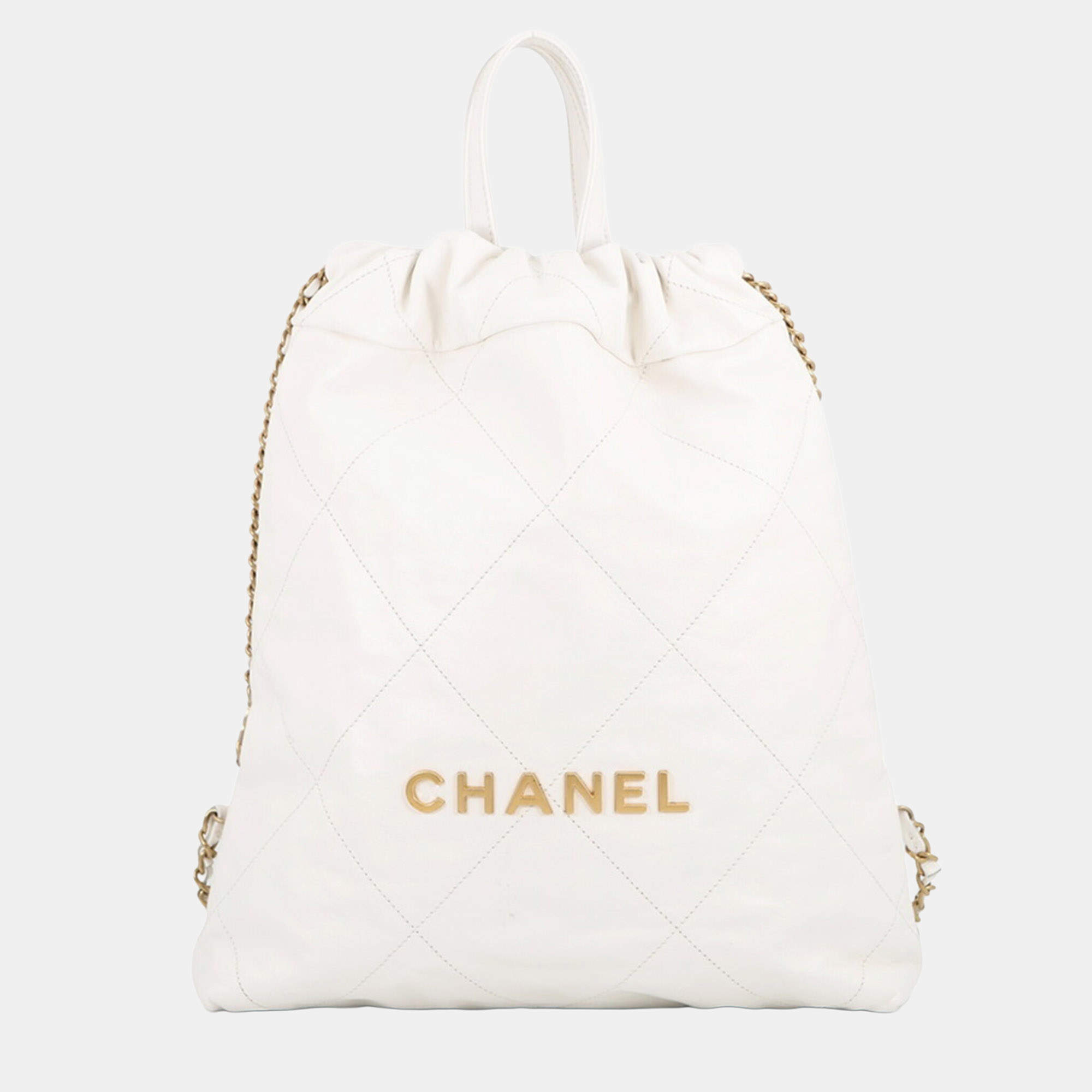 Pre Owned Chanel 22 Small White Shiny Calfskin Leather Gold Hardware Backpack Bag